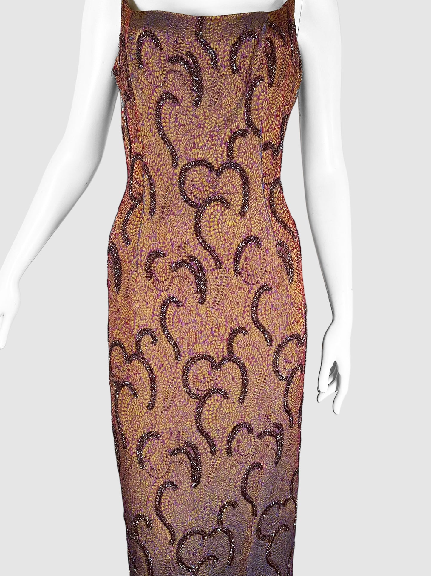 Beaded Abstract Print Evening Dress - Size 6