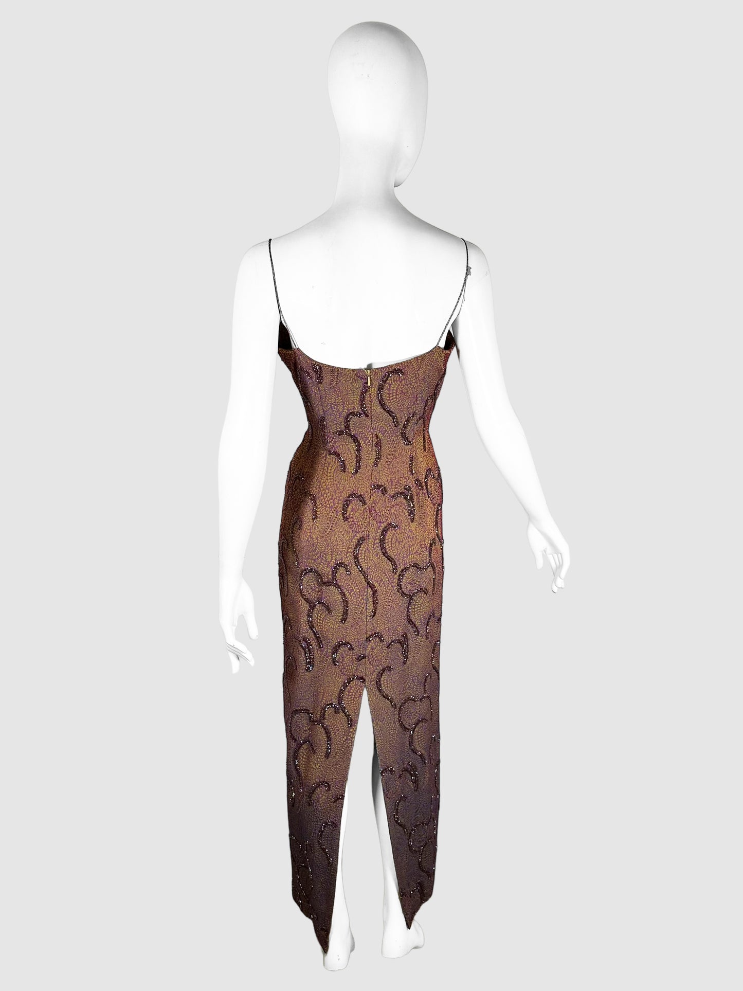 Beaded Abstract Print Evening Dress - Size 6