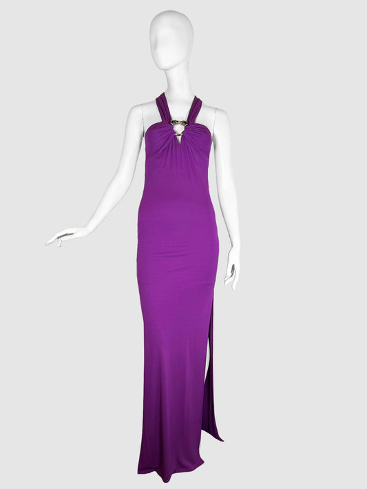Roberto Cavalli Purple Plunge Neckline Long Dress with Halter Neck, Cutouts and Buckle Accent, Size 40 Vintage Consign Toronto Second Hand
