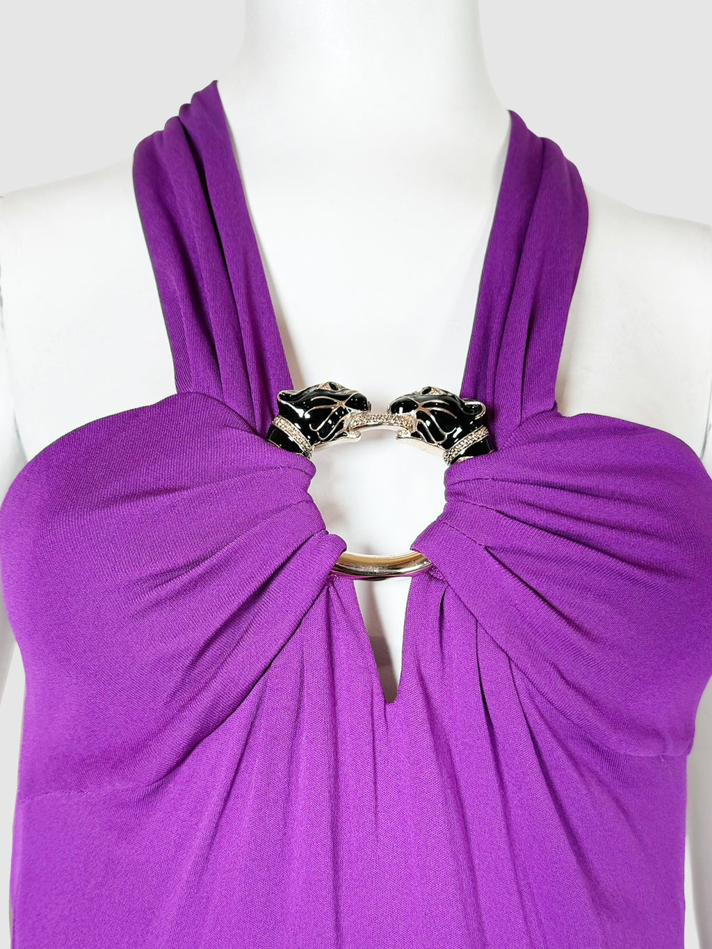 Roberto Cavalli Purple Plunge Neckline Long Dress with Halter Neck, Cutouts and Buckle Accent, Size 40 Vintage Consign Toronto Second Hand