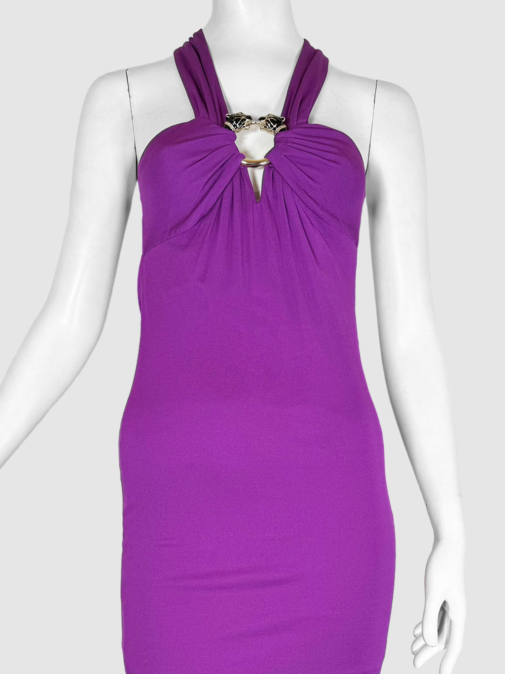 Roberto Cavalli Purple Plunge Neckline Long Dress with Halter Neck, Cutouts and Buckle Accent, Size 40 Vintage Consign Toronto Second Hand
