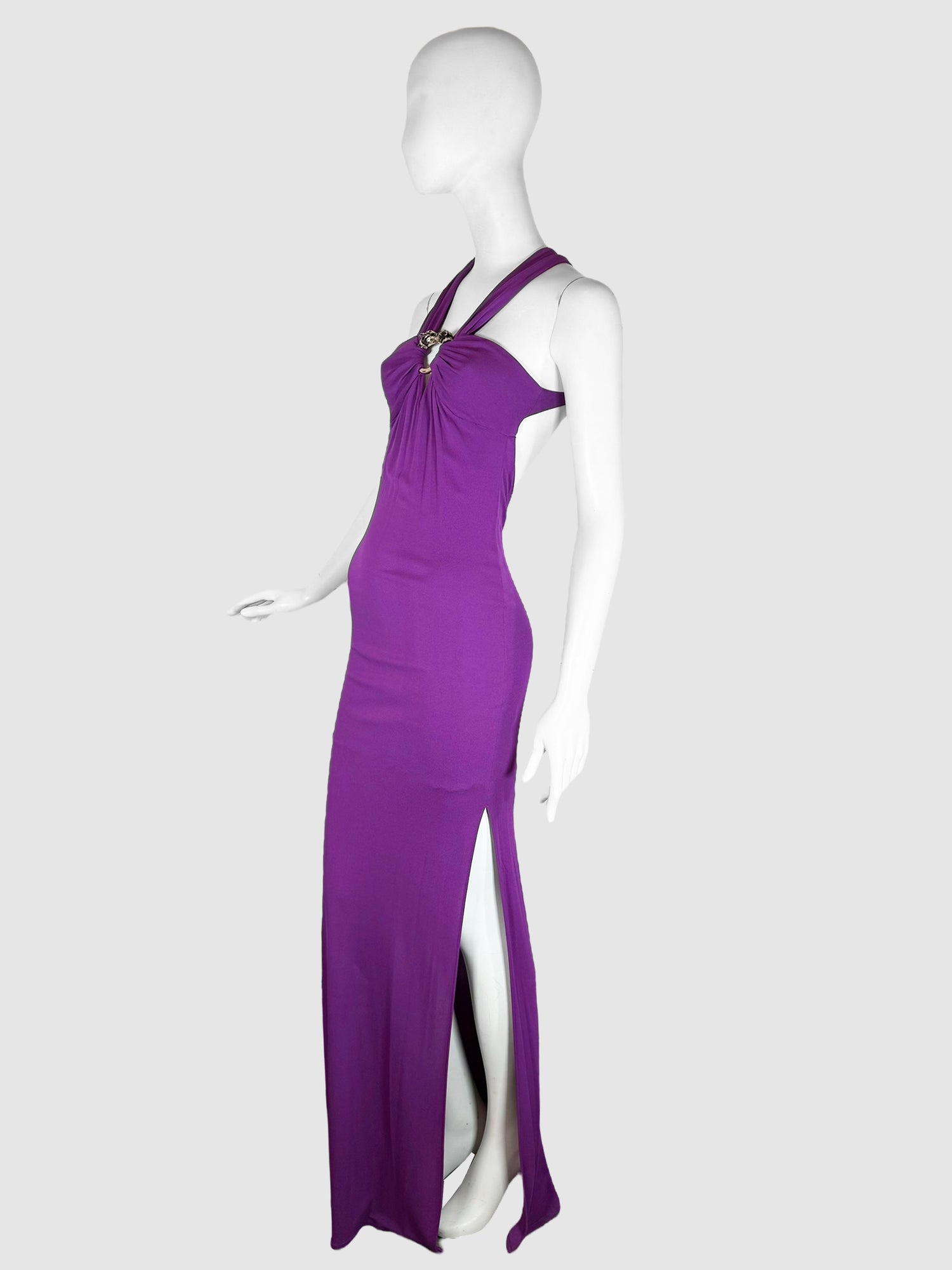 Roberto Cavalli Purple Plunge Neckline Long Dress with Halter Neck, Cutouts and Buckle Accent, Size 40 Vintage Consign Toronto Second Hand