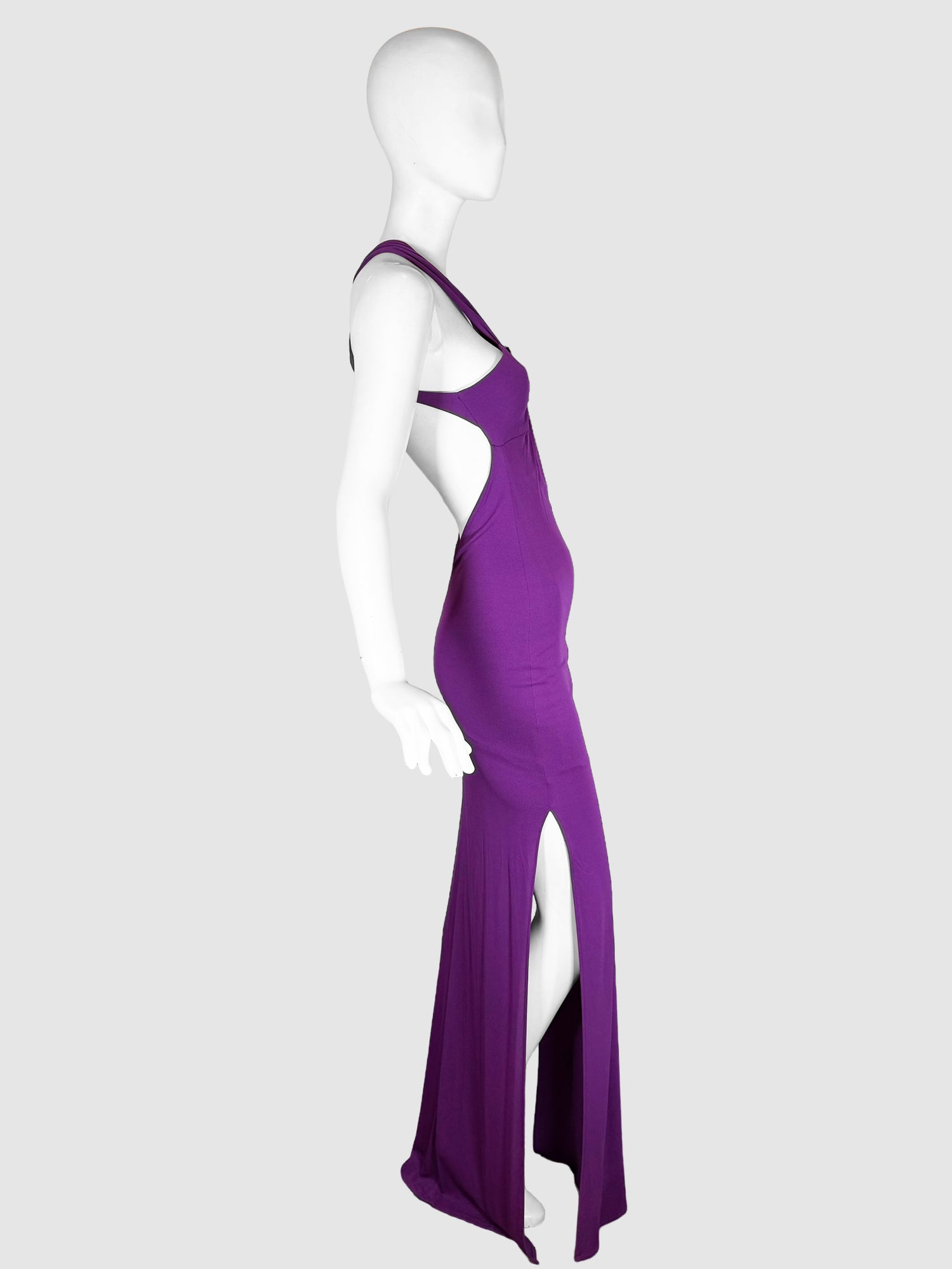Roberto Cavalli Purple Plunge Neckline Long Dress with Halter Neck, Cutouts and Buckle Accent, Size 40