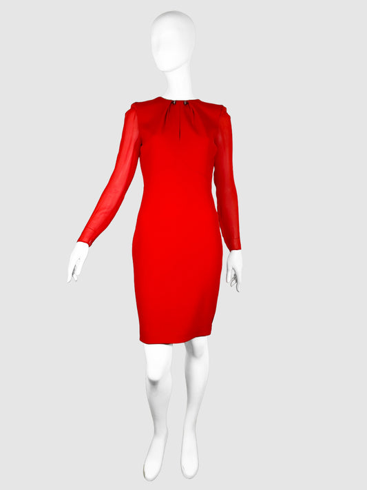 Roberto Cavalli Red Long Sleeve Mini Dress with Pin Detail at Collar and Sheer Sleeves Size 42 Consignment Secondhand Designer Luxury Resale Toronto Trendy