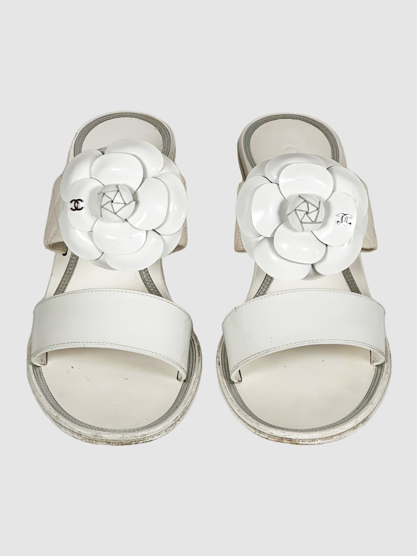 Chanel Camelia Block Heel Slides - Size 38