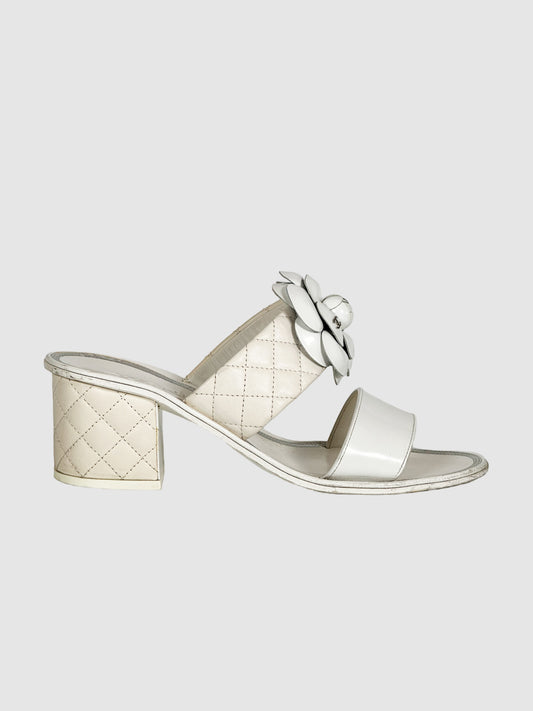 Chanel Camelia Block Heel Slides - Size 38