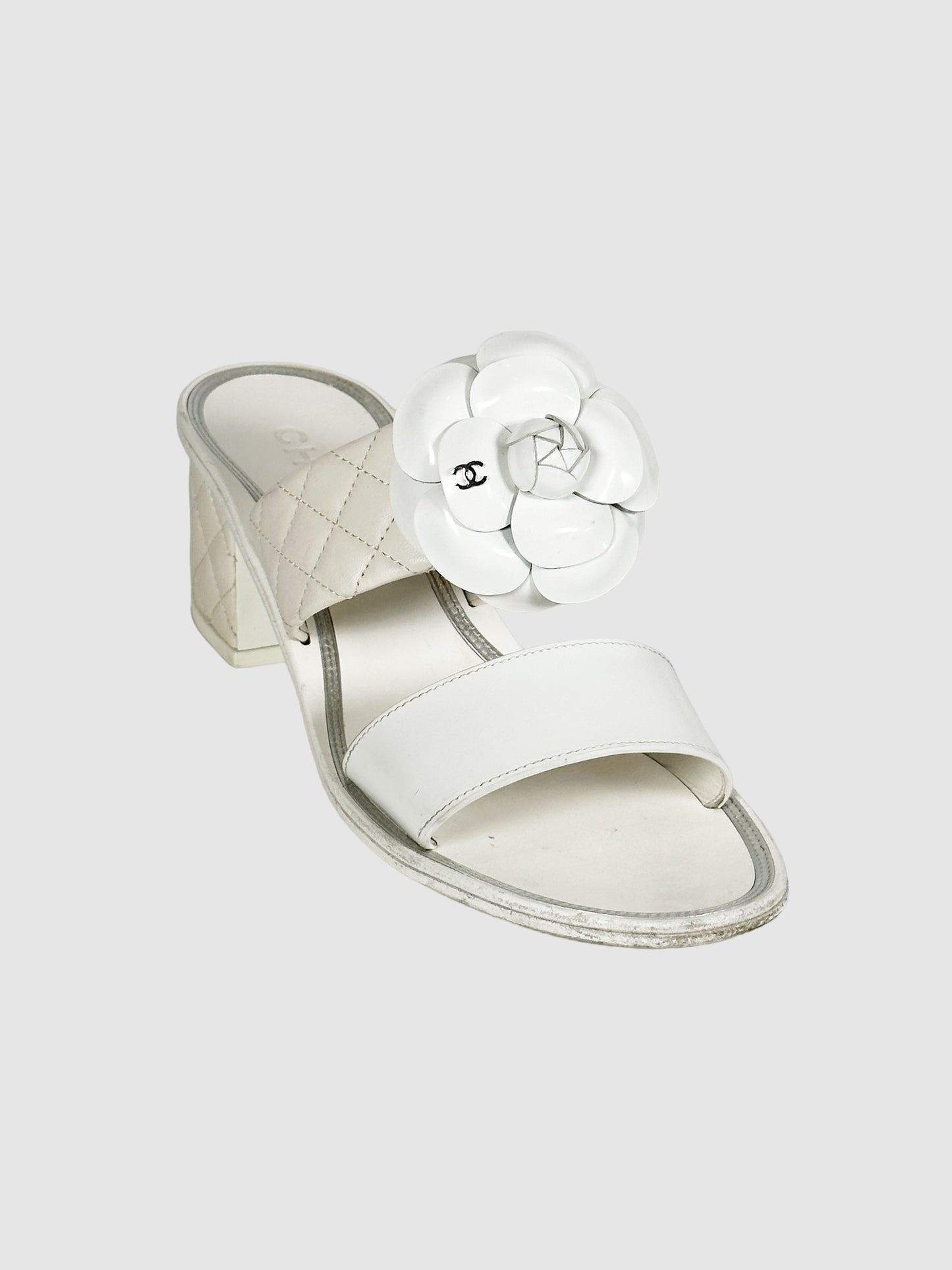 Chanel Camelia Block Heel Slides - Size 38