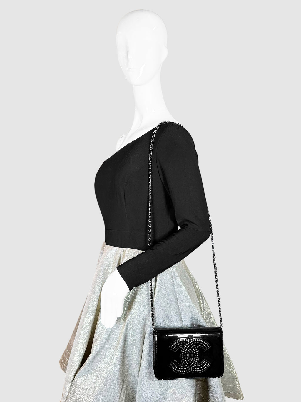 Chanel Black Patent Leather Rhinestone-Embellished CC Wallet on Chain Crossbody Handbag Bag Luxury Designer Resale Consignment Toronto Canada Secondhand