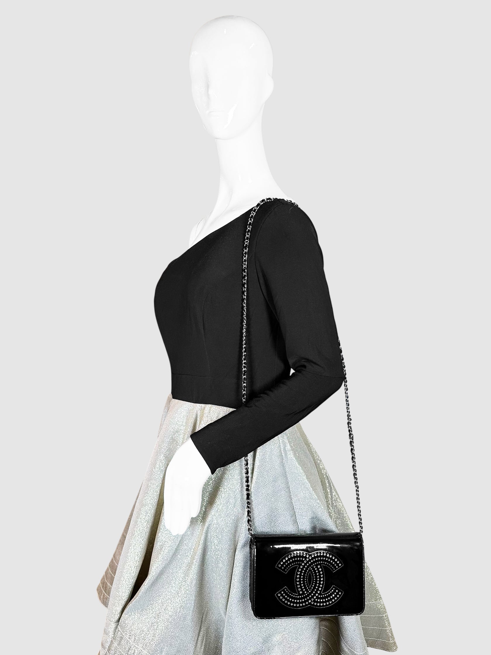 Chanel Black Patent Leather Rhinestone-Embellished CC Wallet on Chain Crossbody Handbag Bag Luxury Designer Resale Consignment Toronto Canada Secondhand