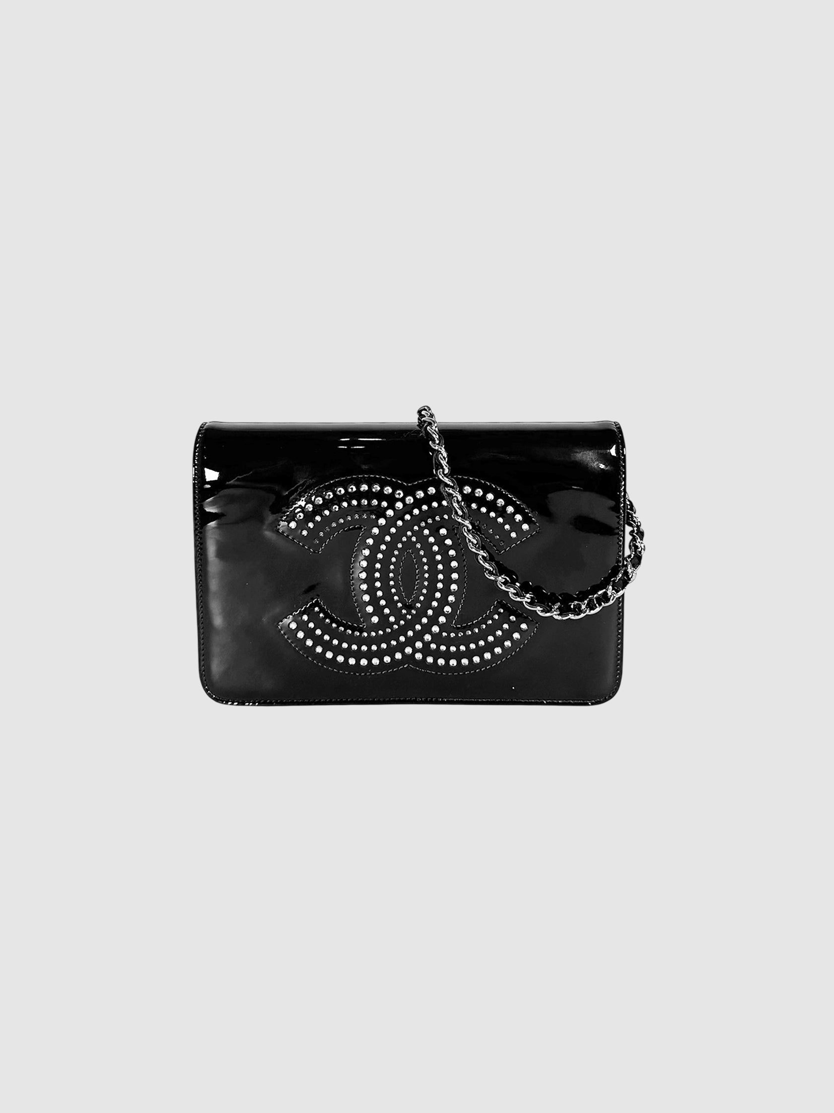 Chanel Black Patent Leather Rhinestone-Embellished CC Wallet on Chain Crossbody Handbag Bag Luxury Designer Resale Consignment Toronto Canada Secondhand