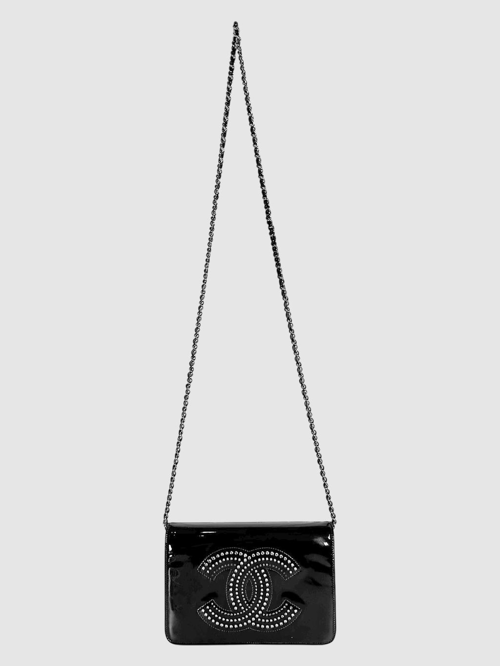 Chanel Black Patent Leather Rhinestone-Embellished CC Wallet on Chain Crossbody Handbag Bag Luxury Designer Resale Consignment Toronto Canada Secondhand