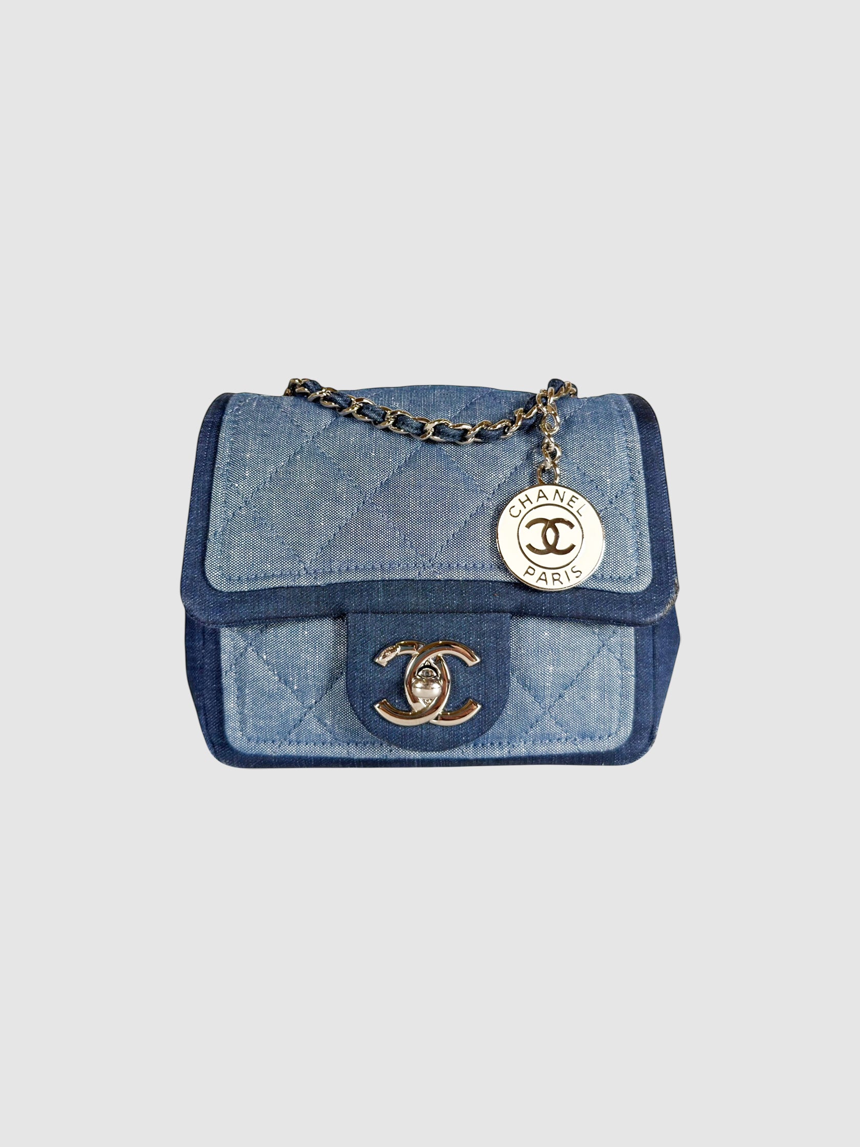Chanel Blue Two-Tone Quilted Denim Mini Medallion Flap Bag luxury designer resale consignment handbag toronto secondhand canada