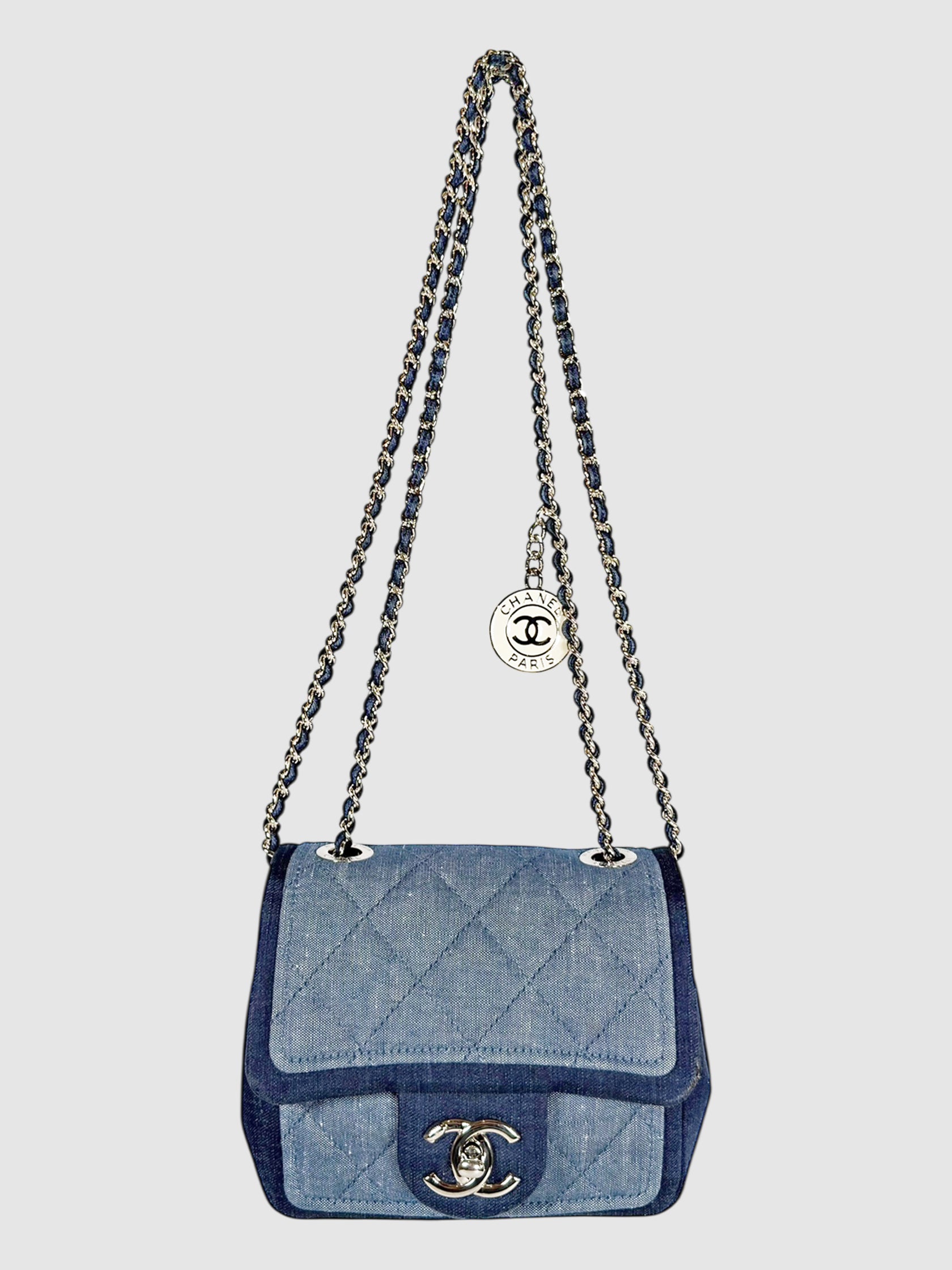 Chanel Blue Two-Tone Quilted Denim Mini Medallion Flap Bag luxury designer resale consignment handbag toronto secondhand canada