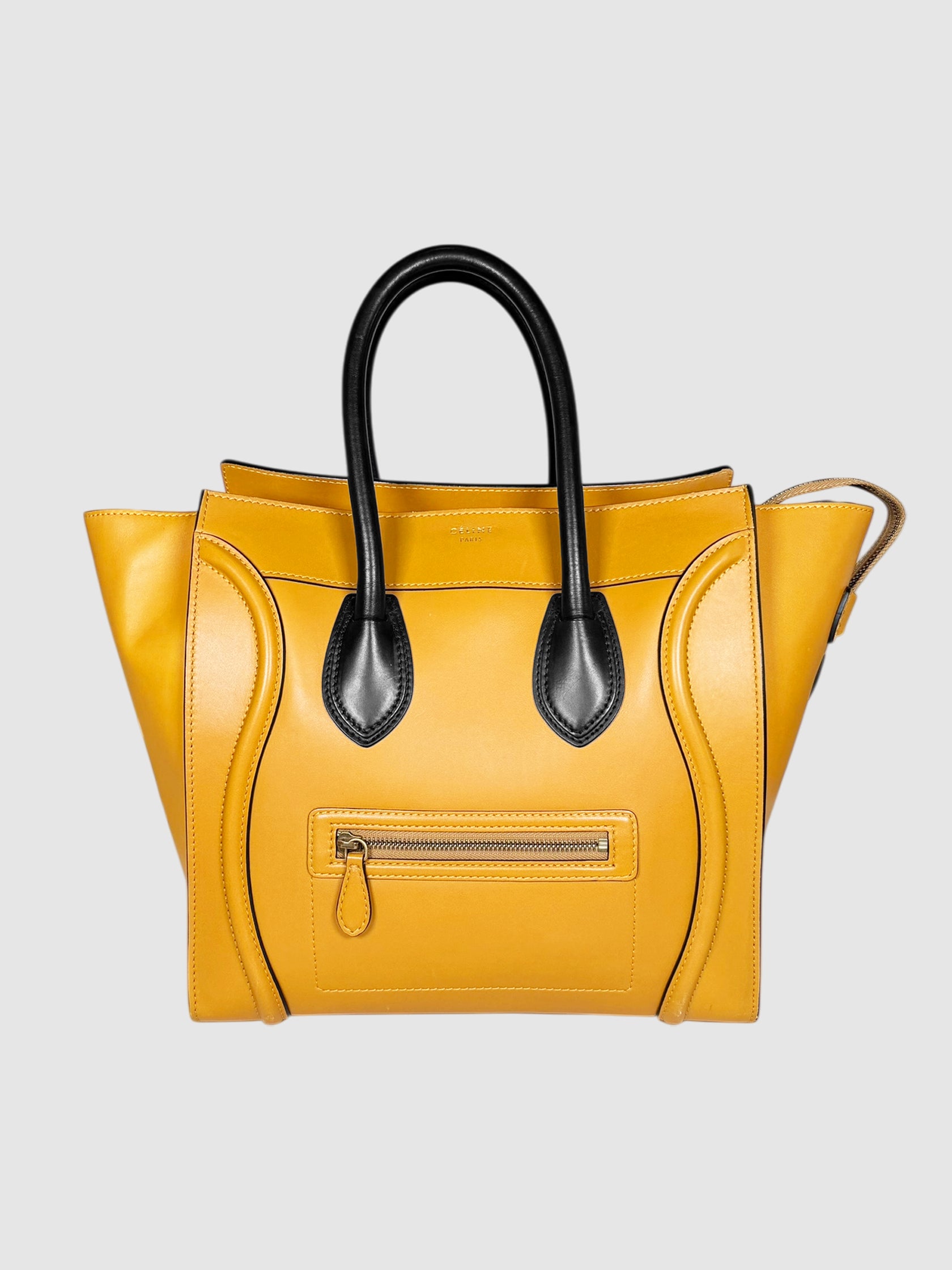 Celine Mustard Yellow Leather Mini Luggage Tote Bag handbag luxury designer secondhand consignment toronto canada