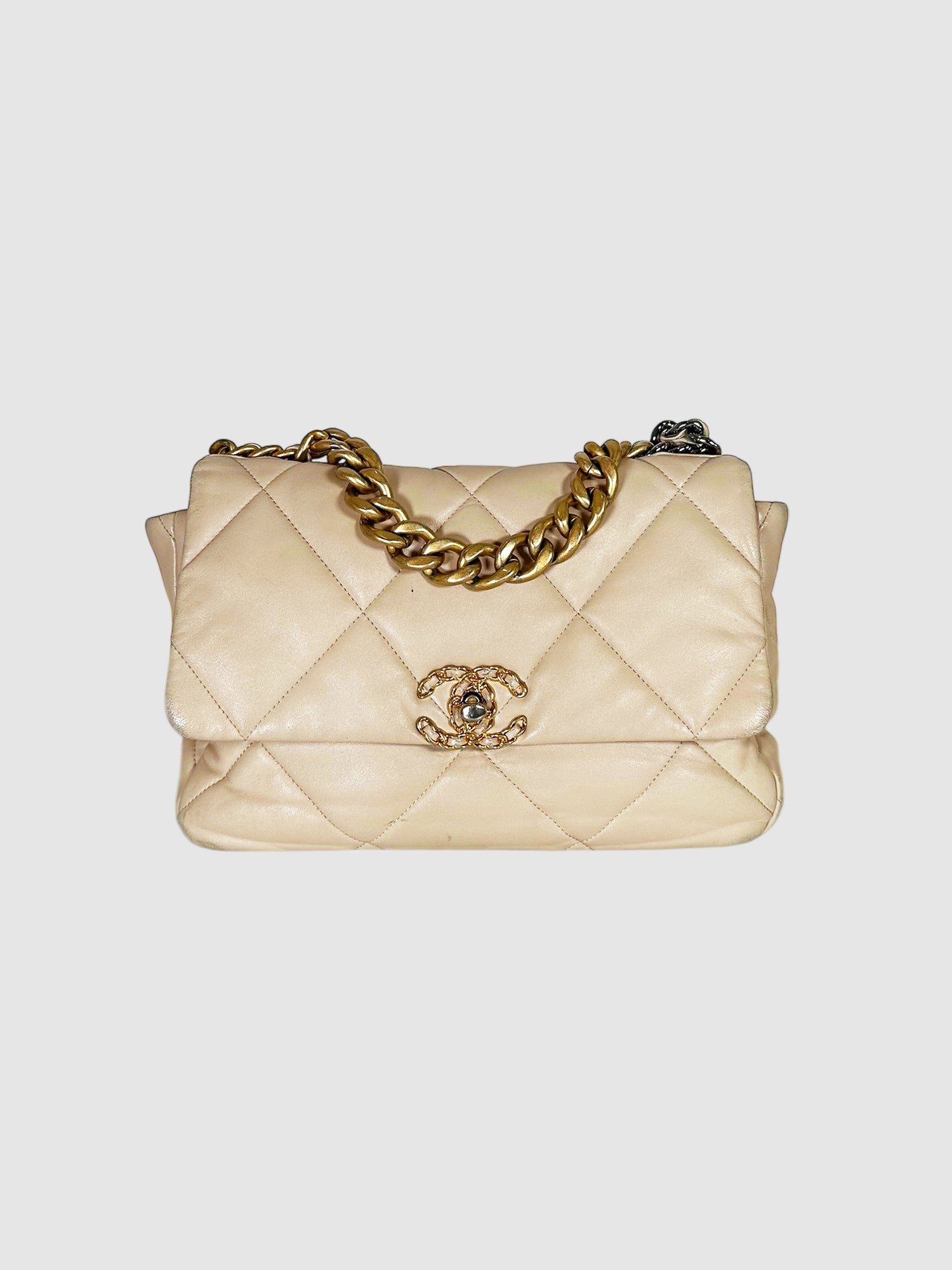 Chanel 2021-2024 Beige Quilted Leather Large 19 Flap Bag Luxury Designer Resale As Is Pre-Loved Secondhand Consignment Toronto