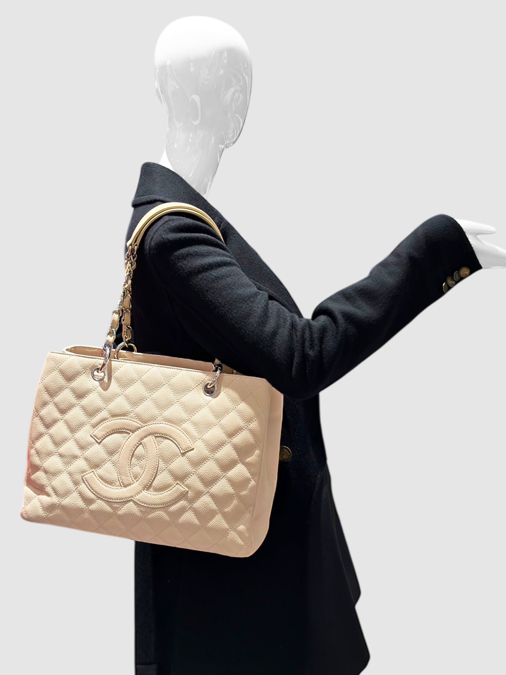 Chanel Beige Quilted Caviar Leather Grand Shopping Tote Bag luxury designer resale consignment toronto canada secondhand