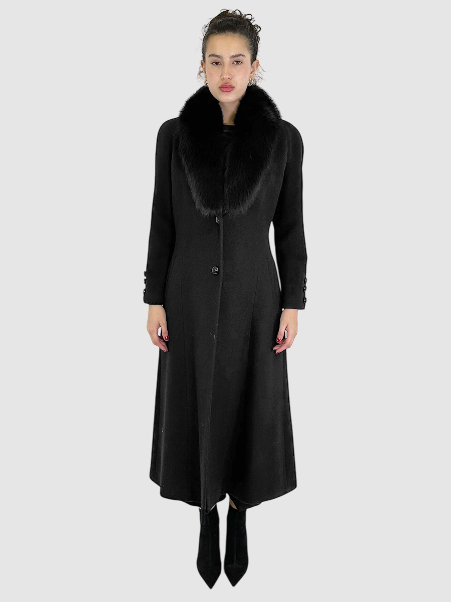 Wool/Cashmere Long Jacket with Fur Collar - Size M