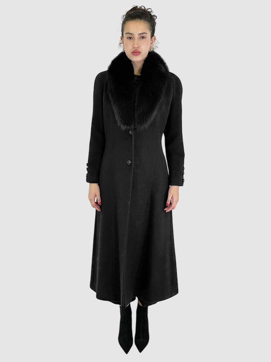 Wool/Cashmere Long Jacket with Fur Collar - Size M