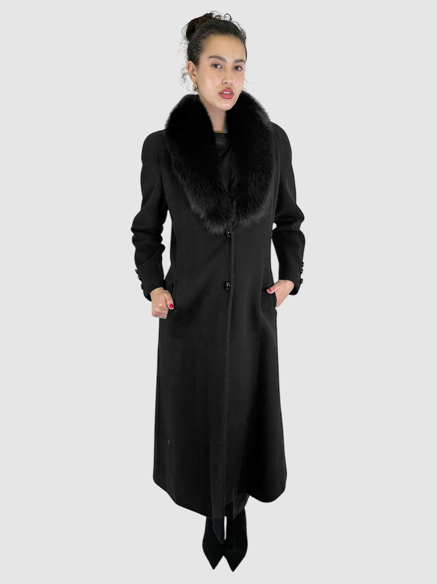 Wool/Cashmere Long Jacket with Fur Collar - Size M