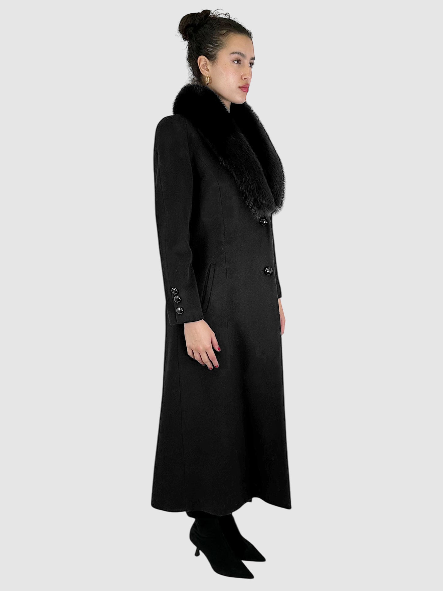 Wool/Cashmere Long Jacket with Fur Collar - Size M