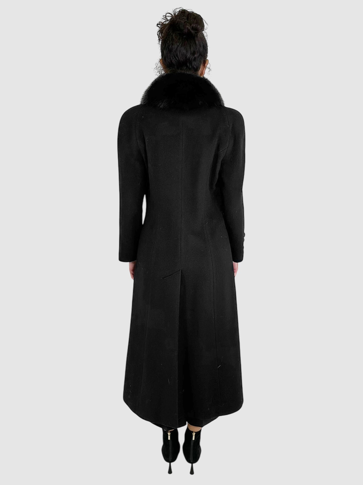 Wool/Cashmere Long Jacket with Fur Collar - Size M