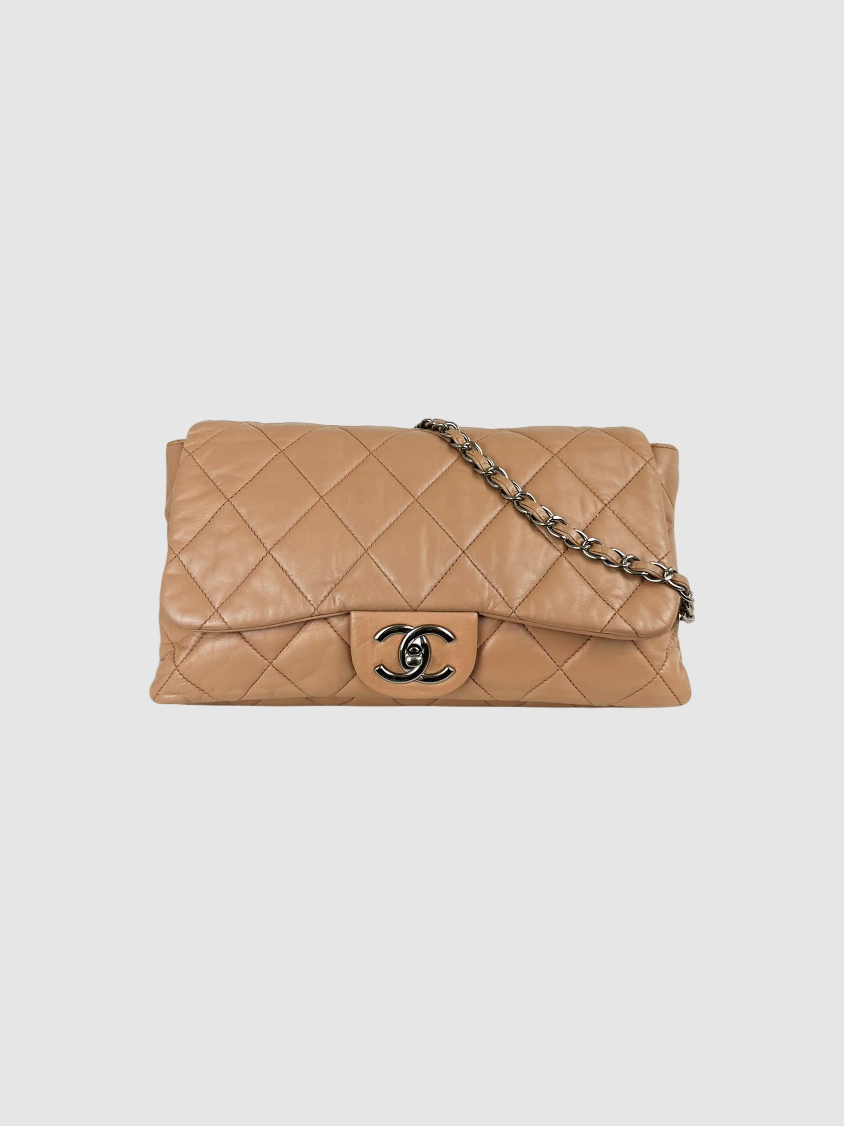Chanel Beige Quilted Lambskin Leather Accordion Flap Bag luxury designer resale consignment toronto canada secondhand