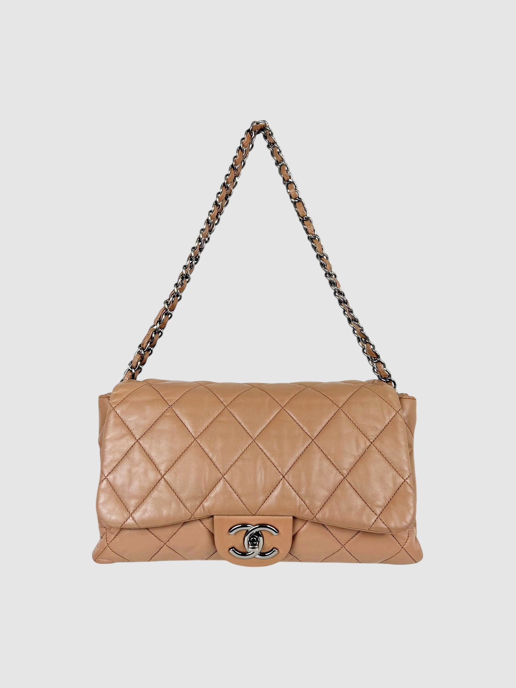 Chanel Beige Quilted Lambskin Leather Accordion Flap Bag luxury designer resale consignment toronto canada secondhand