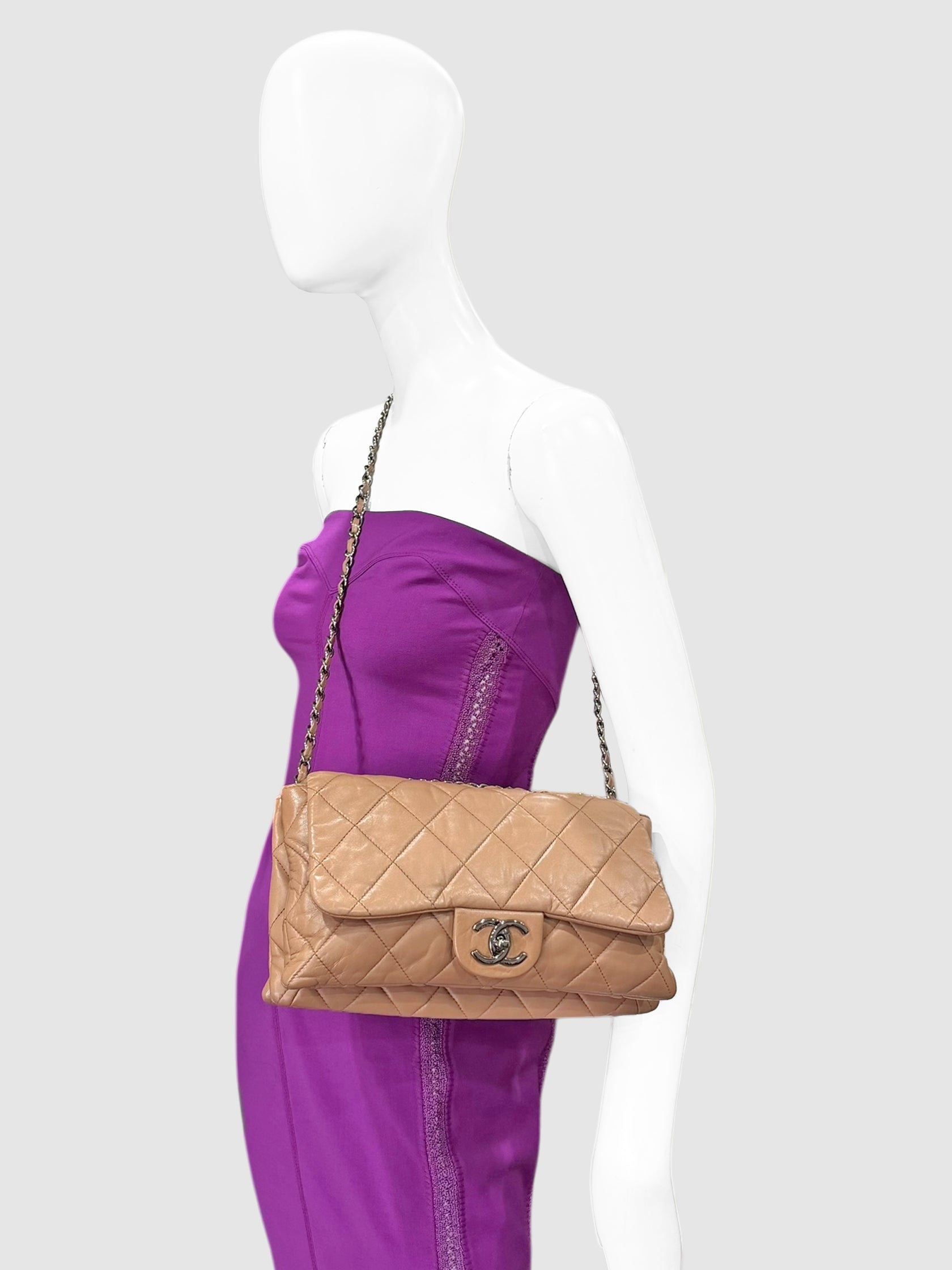 Chanel Beige Quilted Lambskin Leather Accordion Flap Bag luxury designer resale consignment toronto canada secondhand