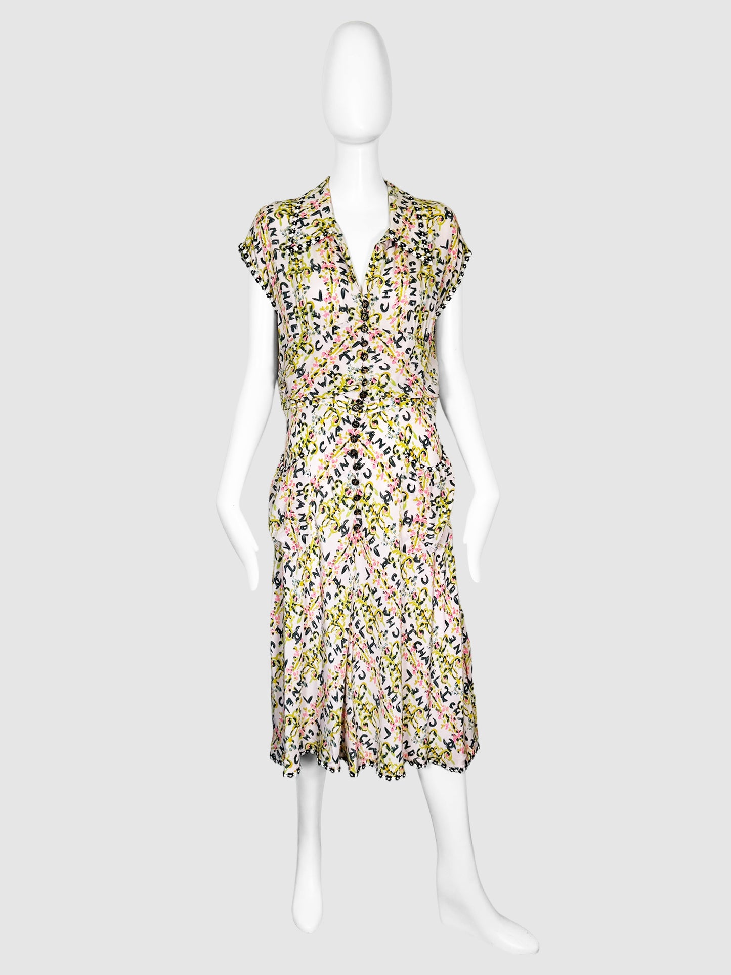 Floral Logo Print Button-Up Midi Dress - Size 40