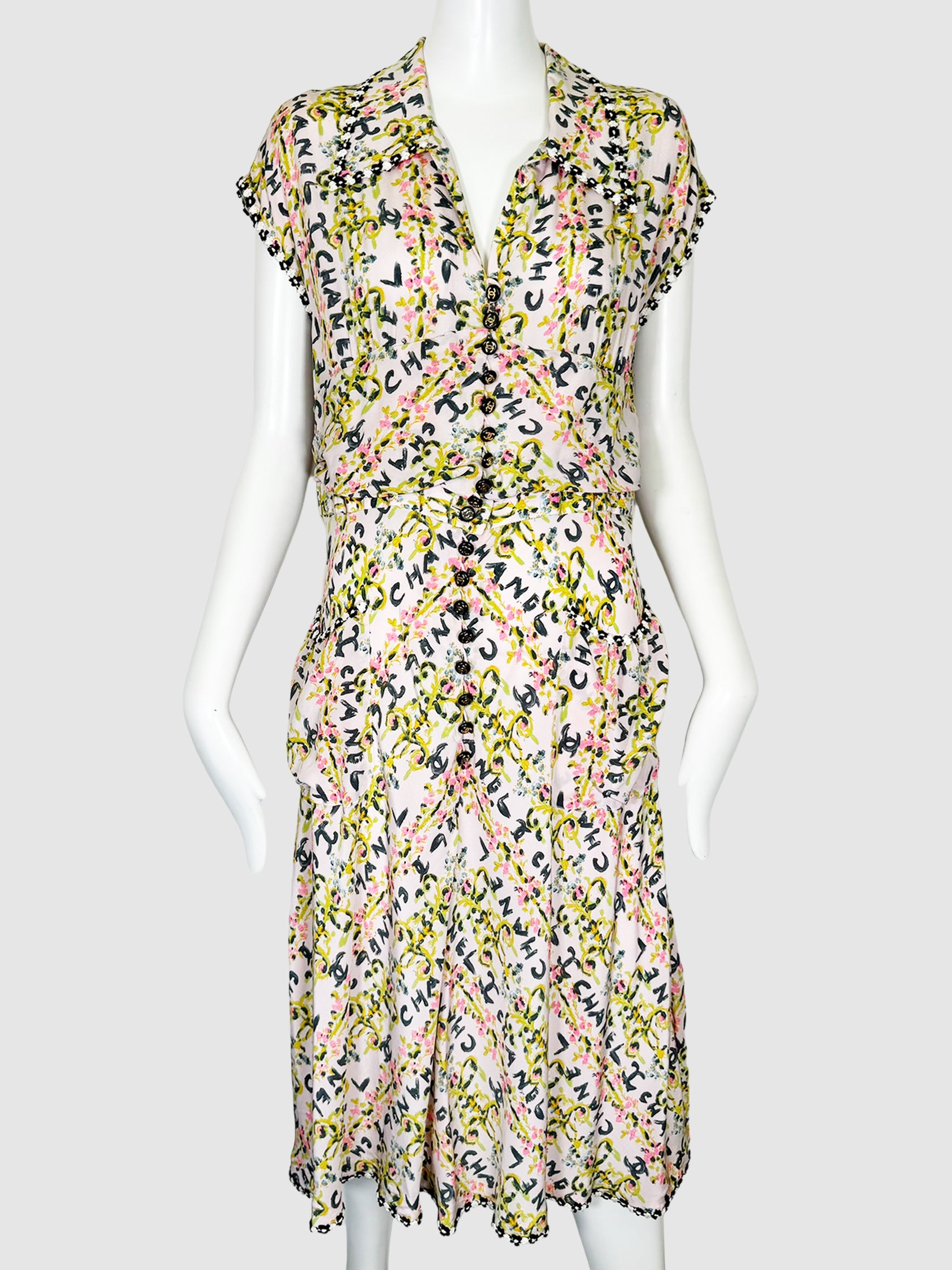 Floral Logo Print Button-Up Midi Dress - Size 40