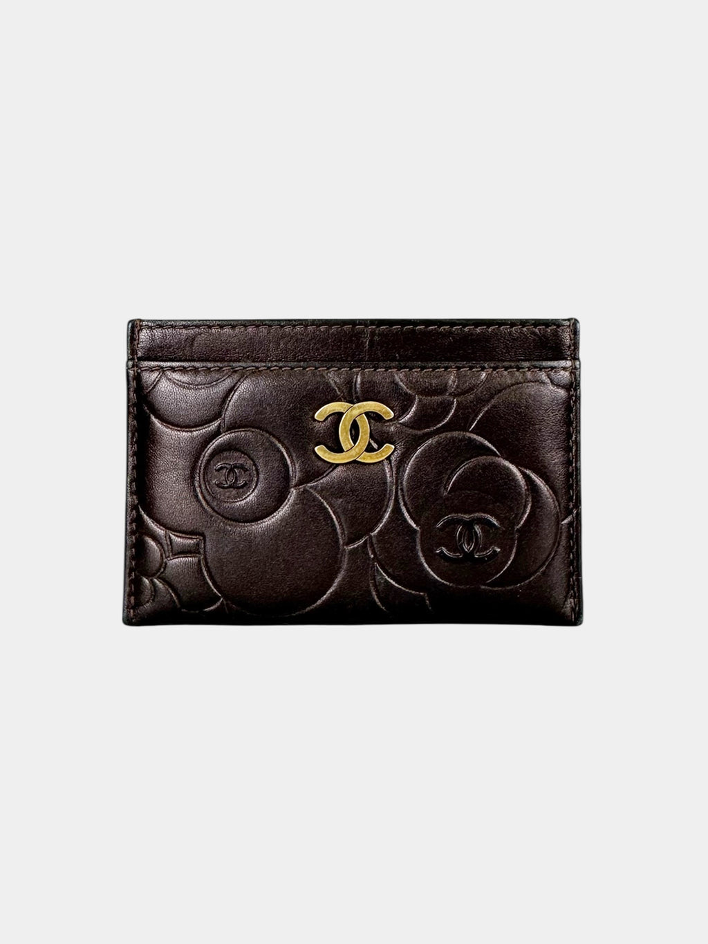 Chanel 2013-2014 Metallic Dark Brown Camellia Embossed Card Holder Luxury Designer Resale Consignment Toronto Secondhand VSP Vestiare