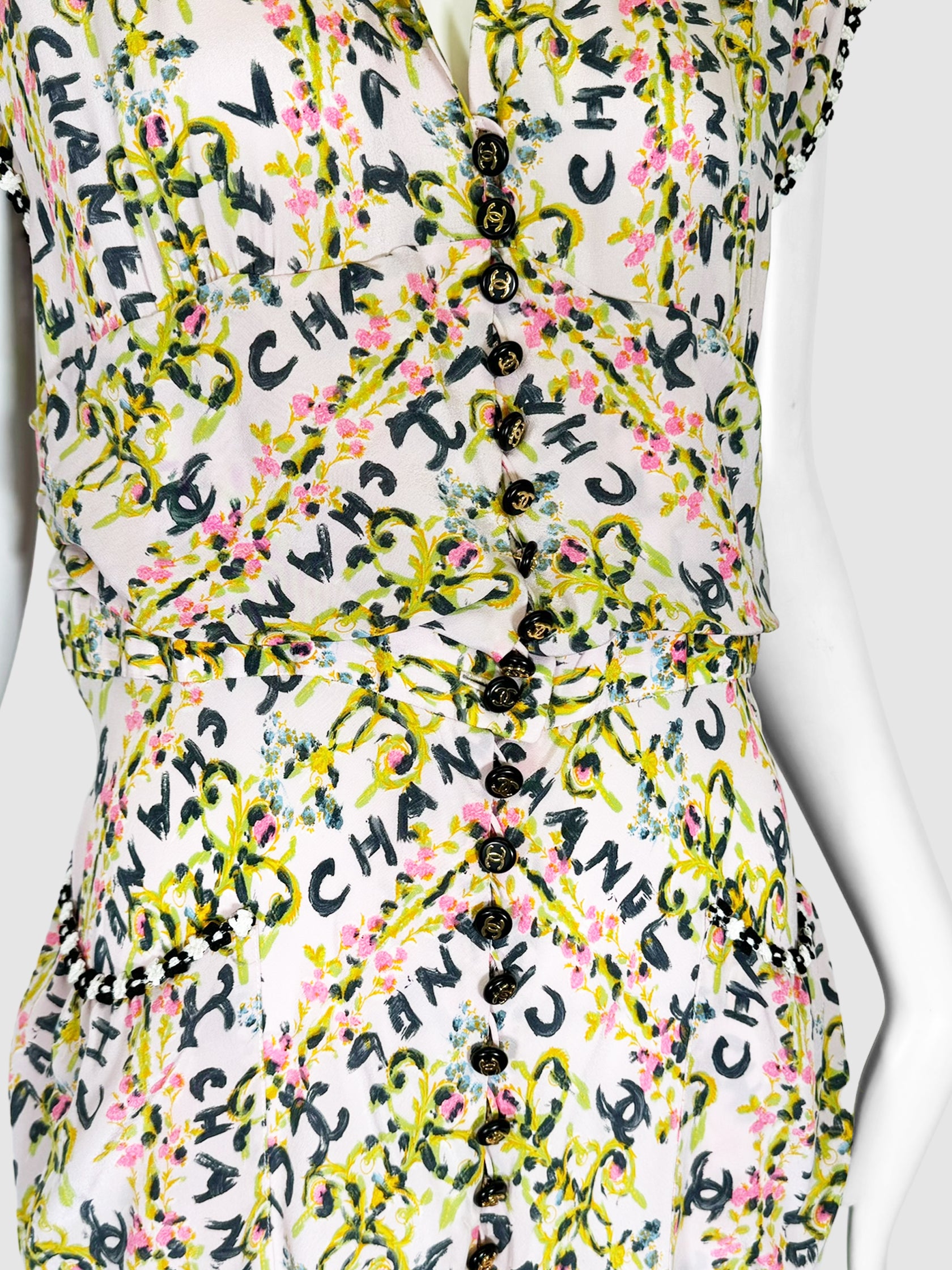 Floral Logo Print Button-Up Midi Dress - Size 40