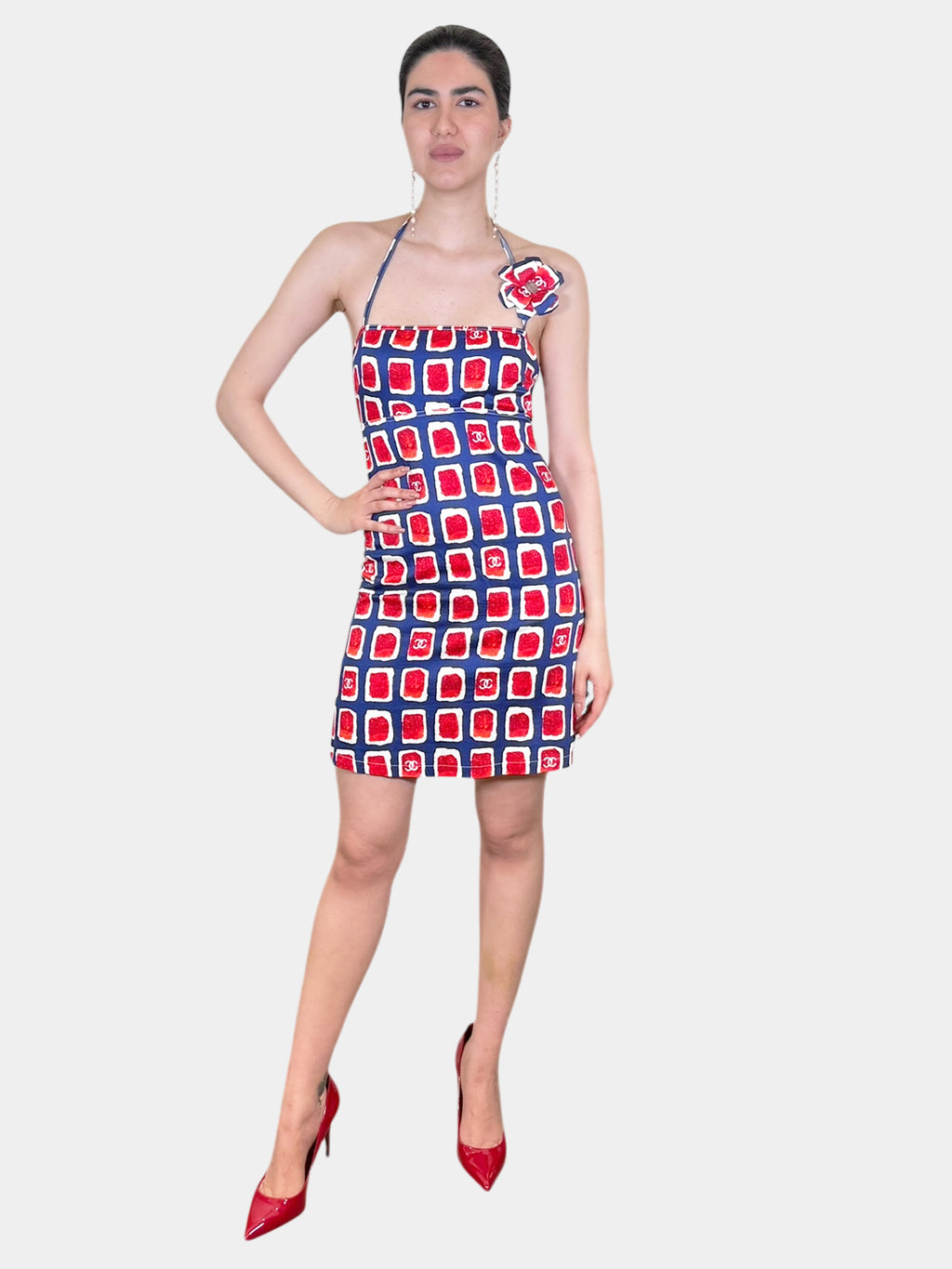 Chanel 2001 Blue and Red Check Print Halter Mini Dress with Detachable Camellia Flower Brooch, Size 36 Luxury Designer Resale Consignment Vintage Secondhand Toronto