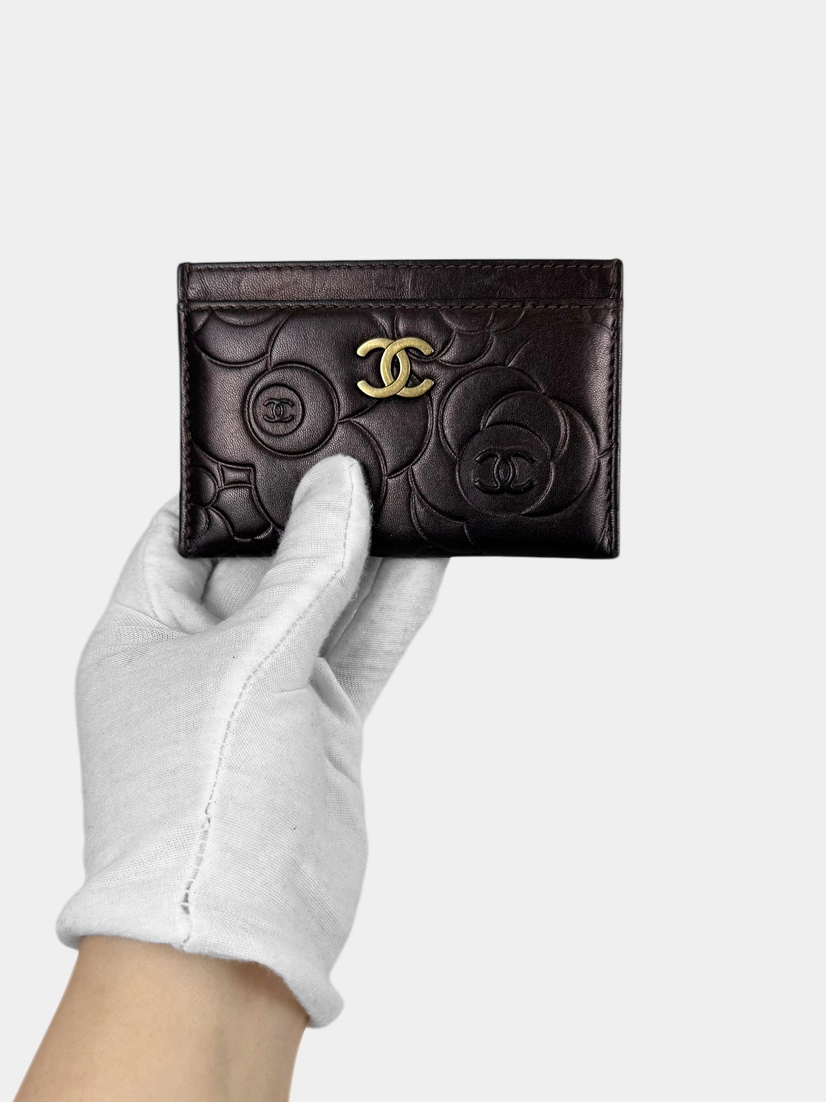 Chanel 2013-2014 Metallic Dark Brown Camellia Embossed Card Holder Luxury Designer Resale Consignment Toronto Secondhand VSP Vestiare