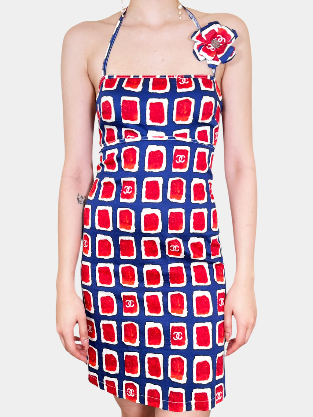 Chanel 2001 Blue and Red Check Print Halter Mini Dress with Detachable Camellia Flower Brooch, Size 36 Luxury Designer Resale Consignment Vintage Secondhand Toronto