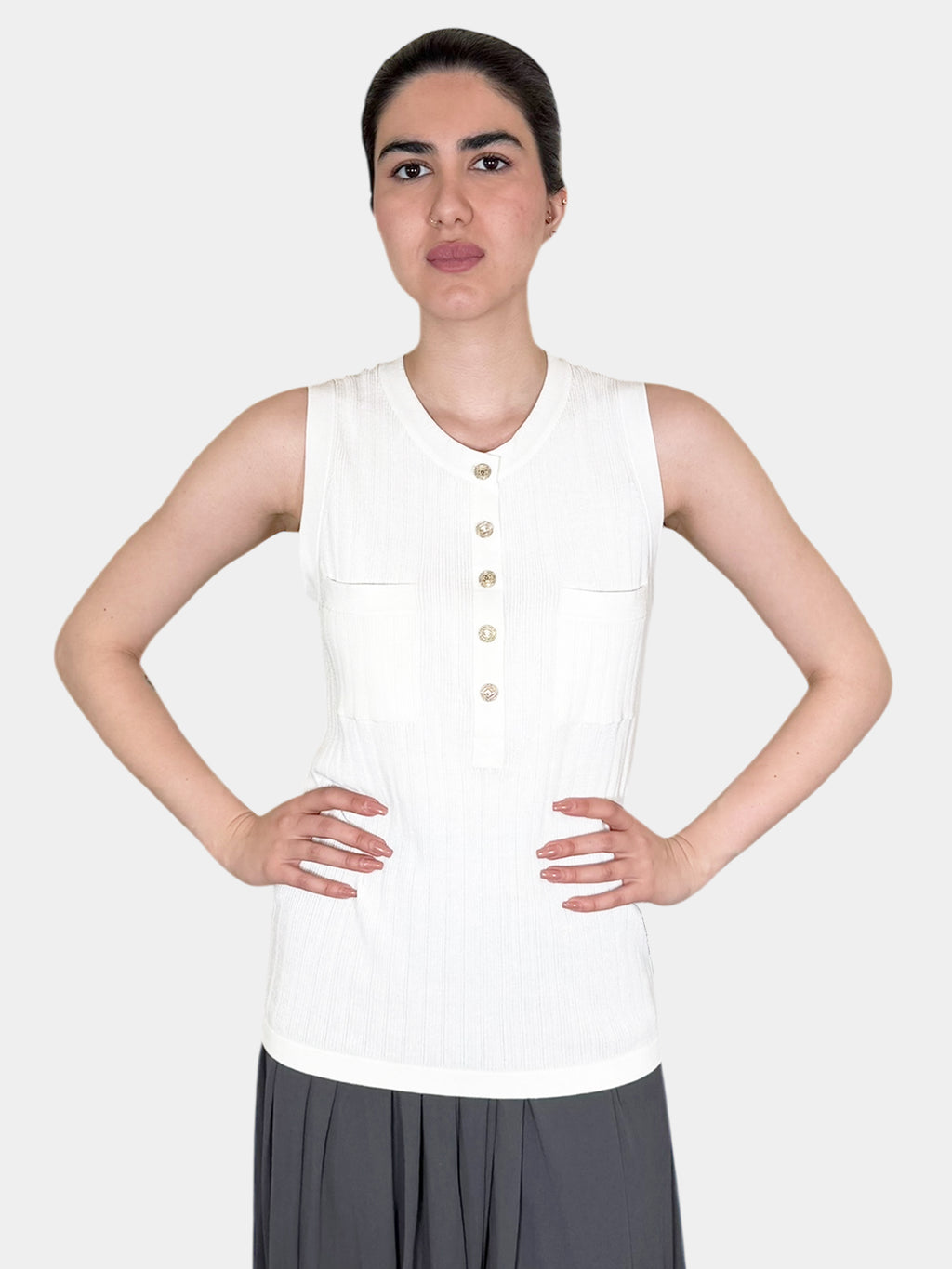 Chanel Cream High Neck Sleeveless Ribbed Tank Top with Gold-Tone CC Buttons, Size 44 Luxury Designer Resale Consignment Vintage Toronto Secondhand