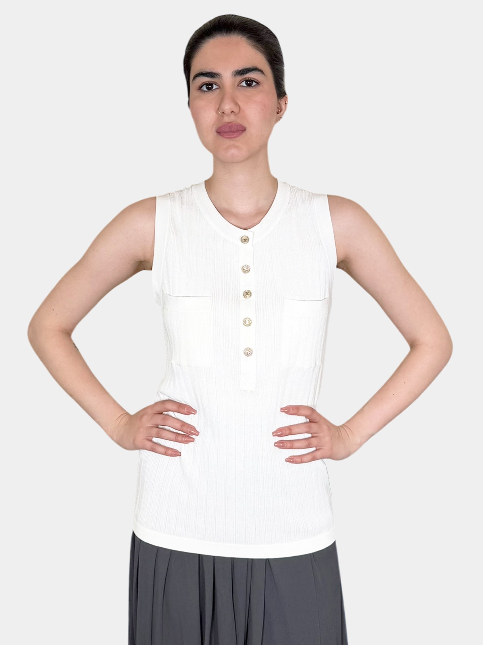 Chanel Cream High Neck Sleeveless Ribbed Tank Top with Gold-Tone CC Buttons, Size 44 Luxury Designer Resale Consignment Vintage Toronto Secondhand