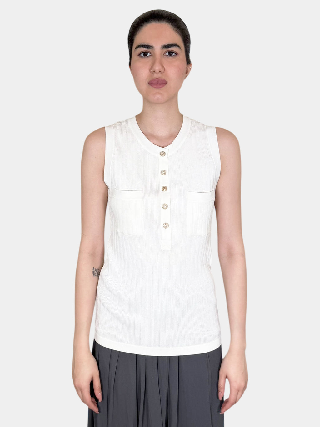 Chanel Cream High Neck Sleeveless Ribbed Tank Top with Gold-Tone CC Buttons, Size 44 Luxury Designer Resale Consignment Vintage Toronto Secondhand