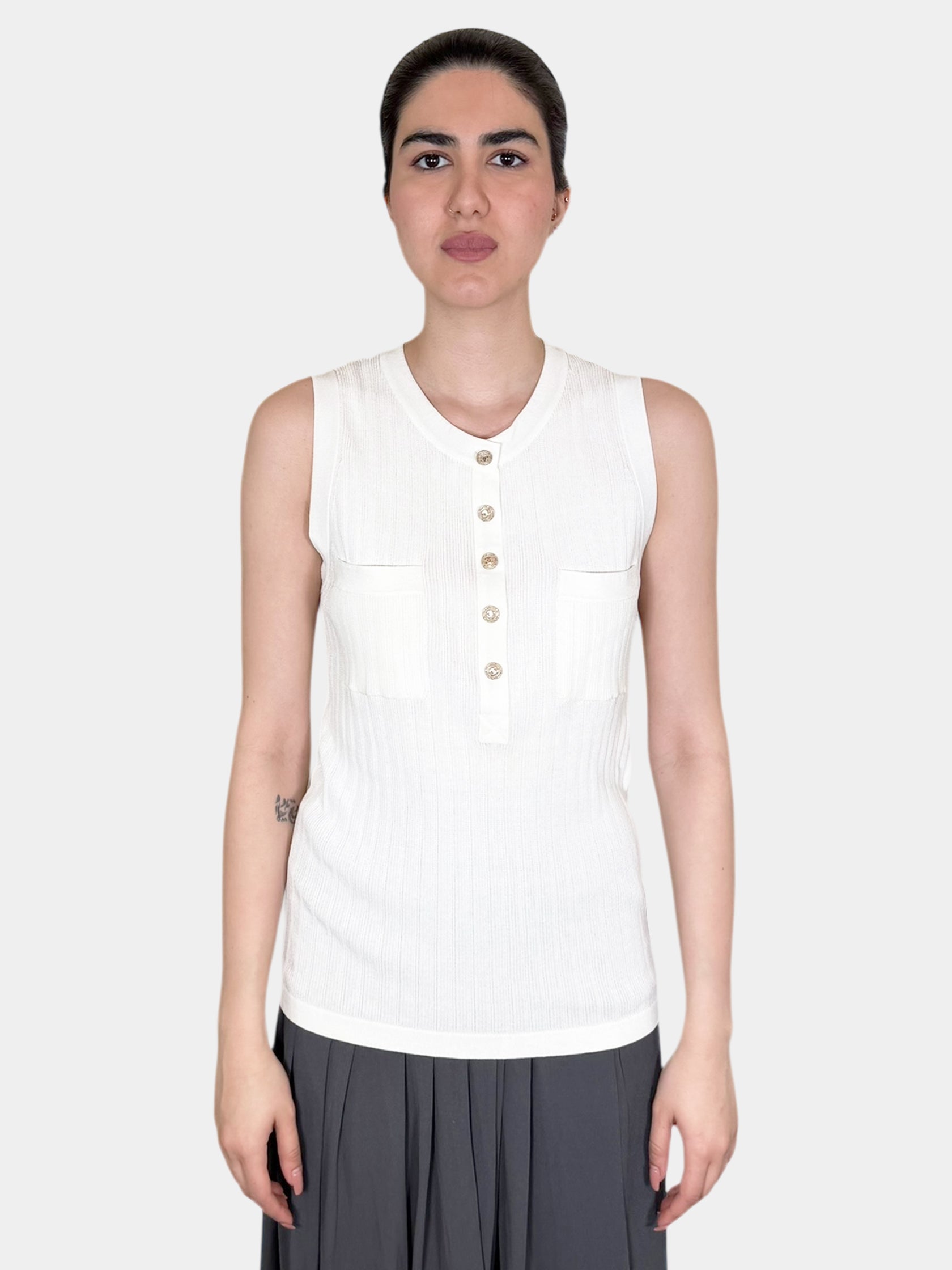 Chanel Cream High Neck Sleeveless Ribbed Tank Top with Gold-Tone CC Buttons, Size 44 Luxury Designer Resale Consignment Vintage Toronto Secondhand