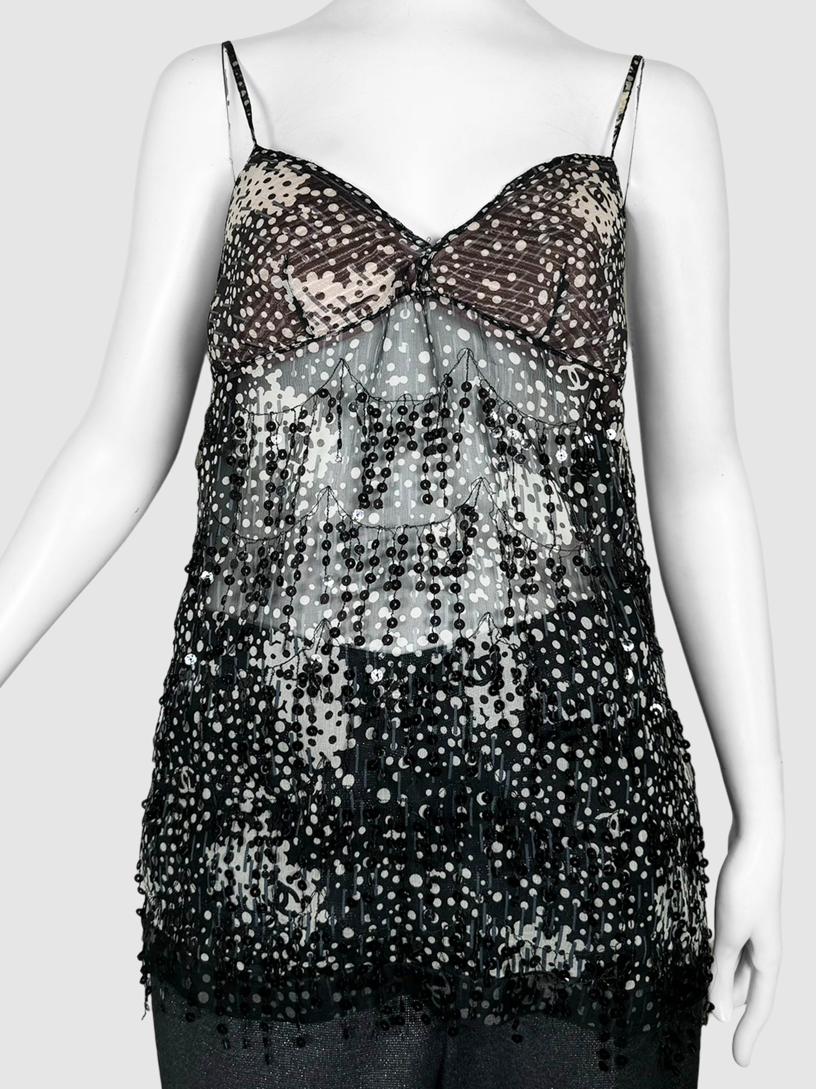 Polka Dot Mesh Sequinned Top - Size 42