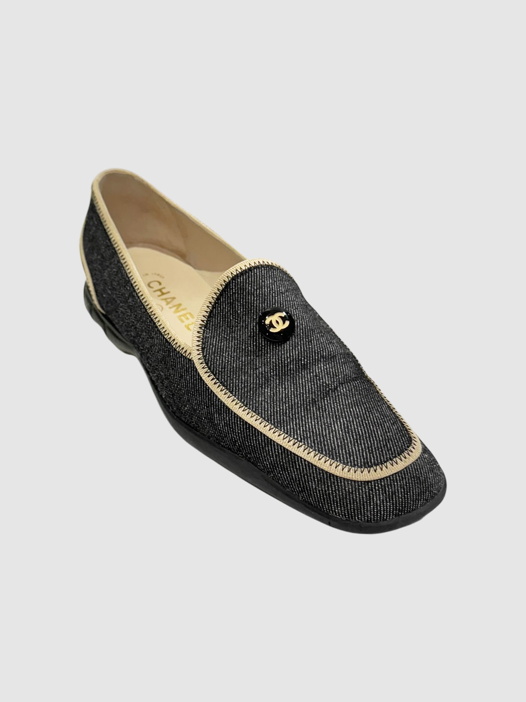 Chanel Black CC Denim and Cream Leather Trim Loafers, Size 41 Luxury Designer Resale Consignment Toronto