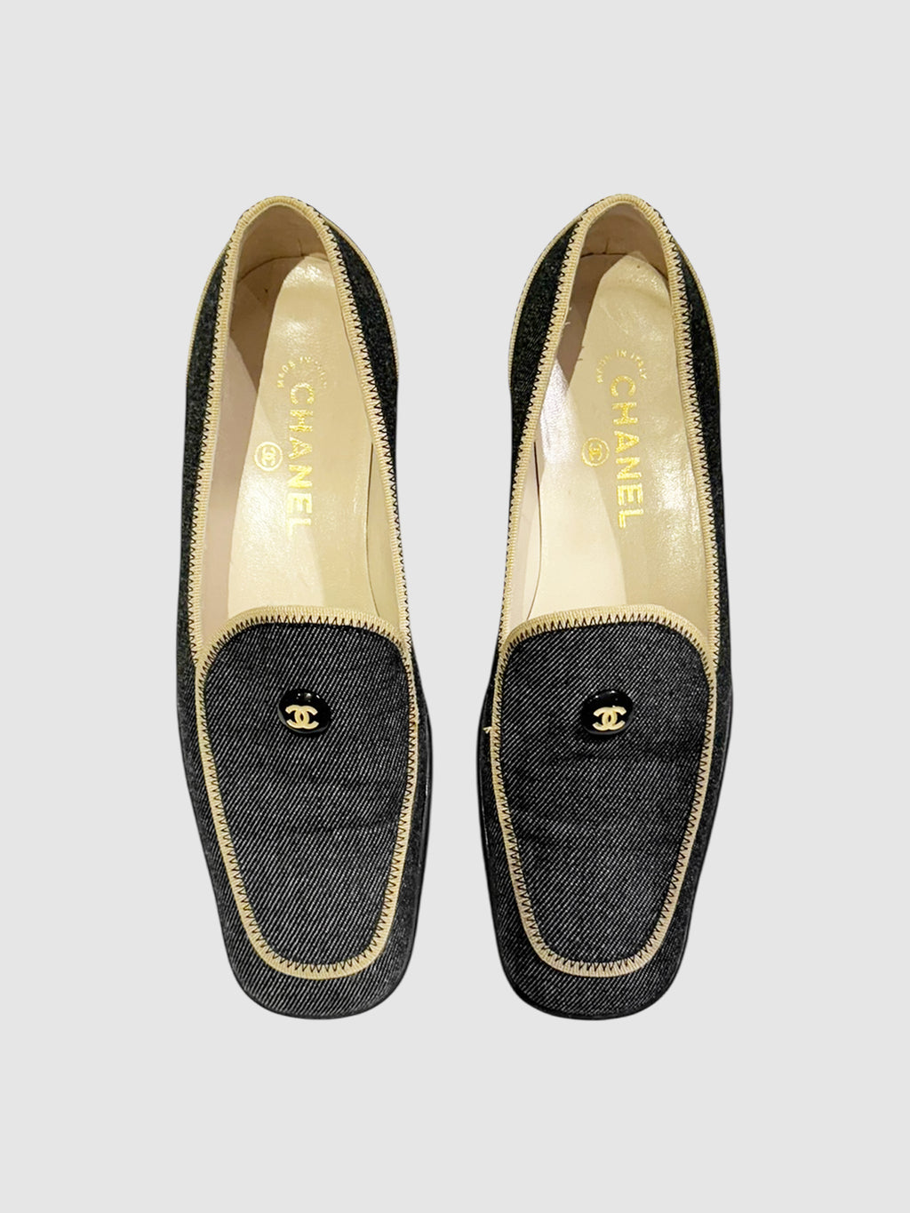Chanel Black CC Denim and Cream Leather Trim Loafers, Size 41 Luxury Designer Resale Consignment Toronto