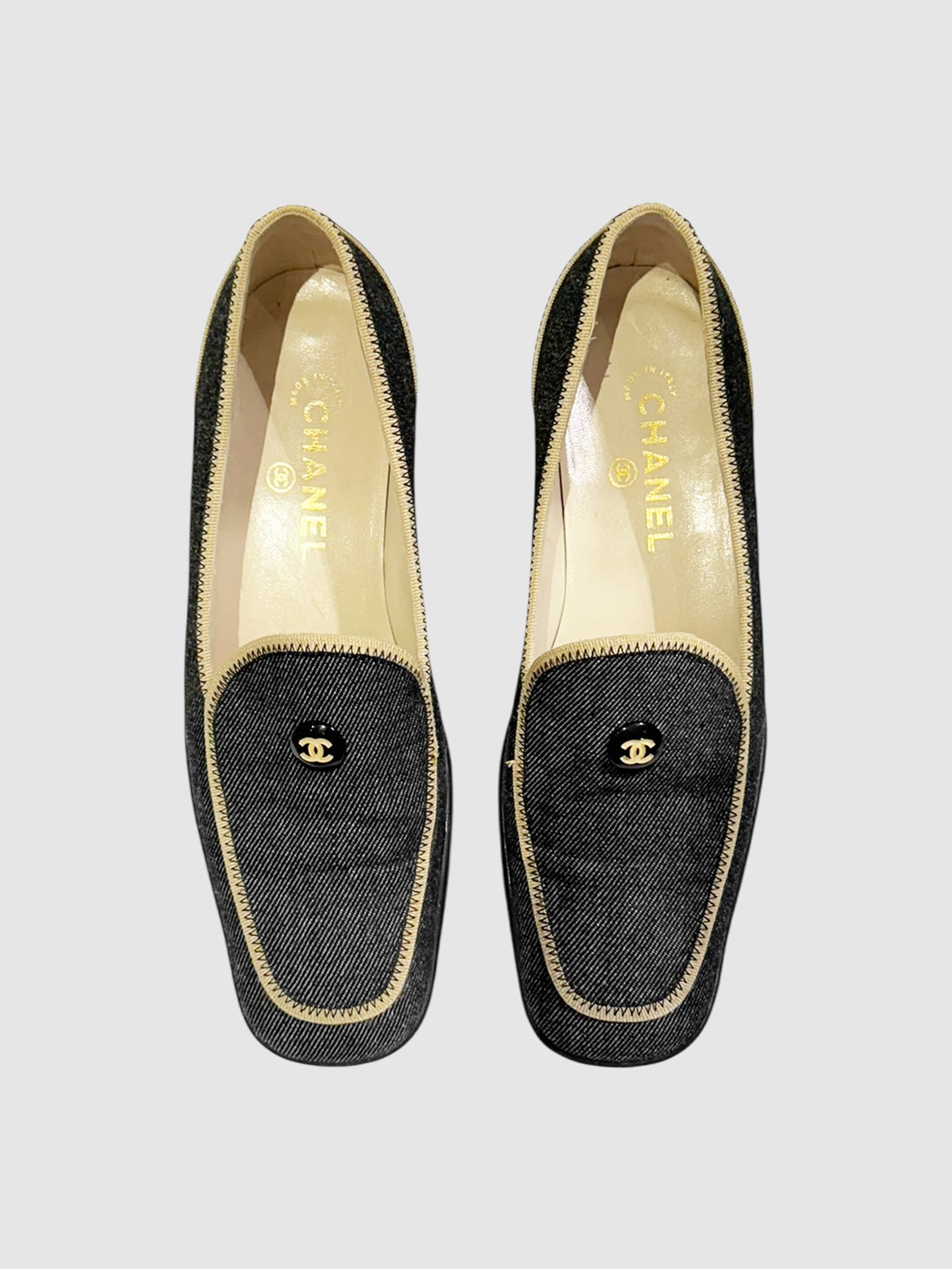 Chanel Black CC Denim and Cream Leather Trim Loafers, Size 41 Luxury Designer Resale Consignment Toronto