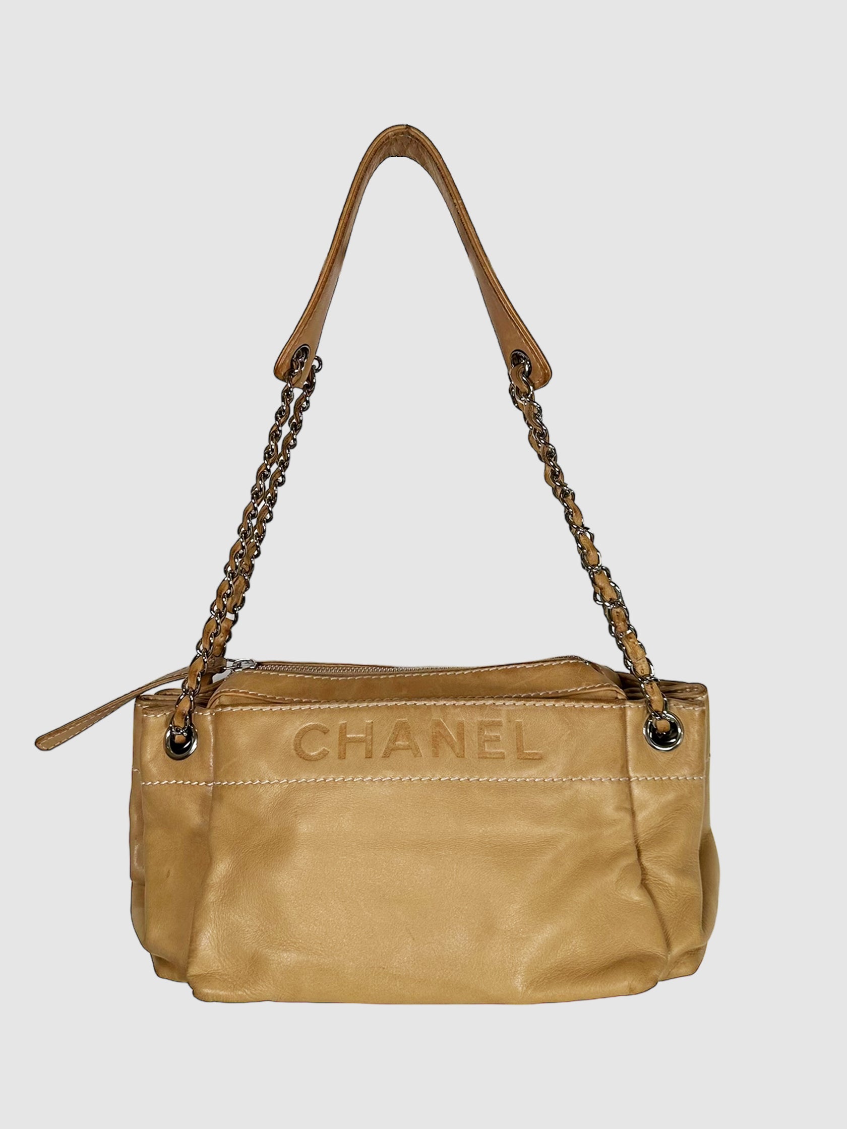 Chanel Beige Lambskin Rock 'n Chic Accordion Bag with Leather and Chainlink Handles Consignment Secondhand Designer Luxury Resale Toronto Trendy