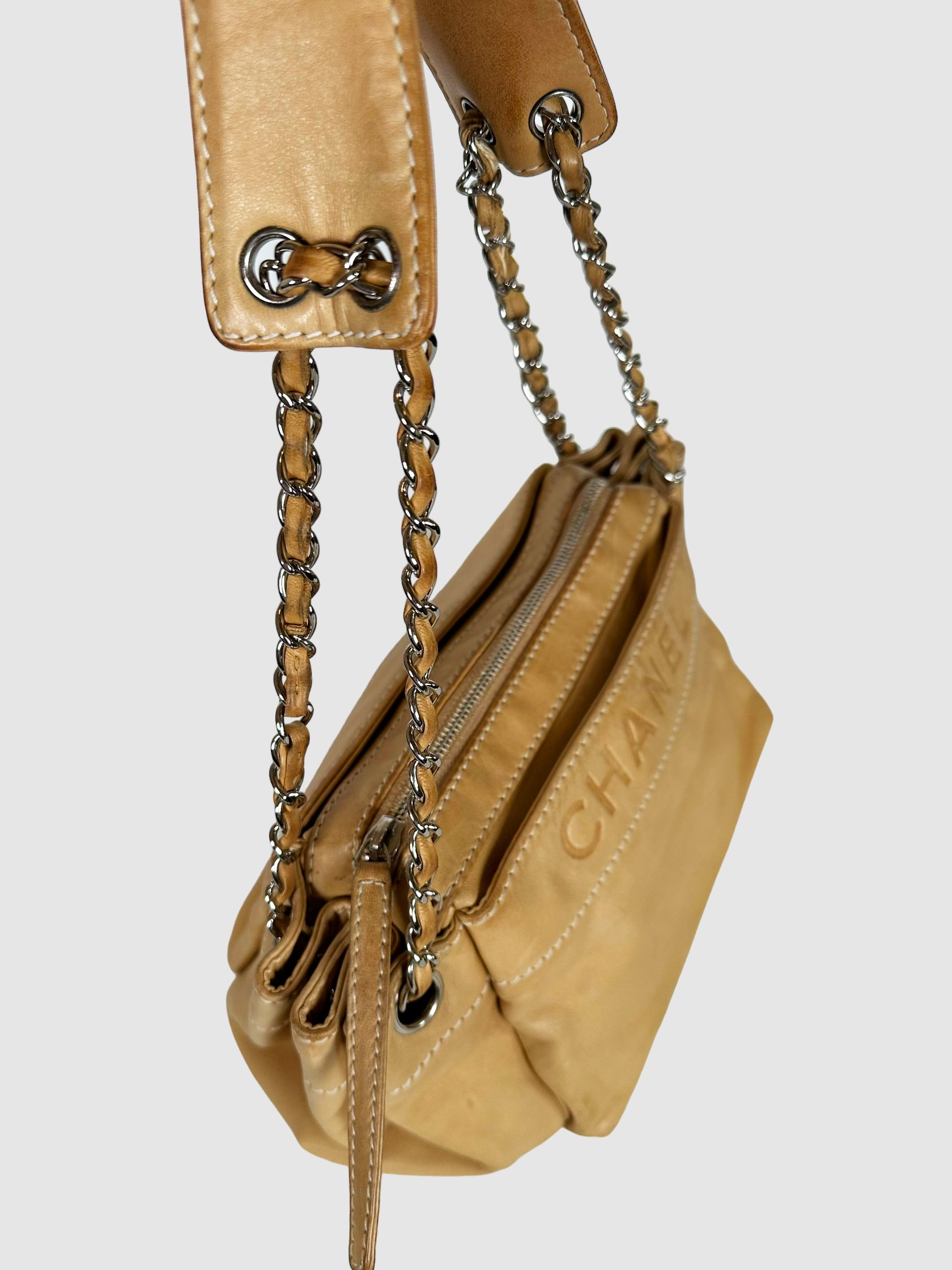 Chanel Beige Lambskin Rock 'n Chic Accordion Bag with Leather and Chainlink Handles Consignment Secondhand Designer Luxury Resale Toronto Trendy