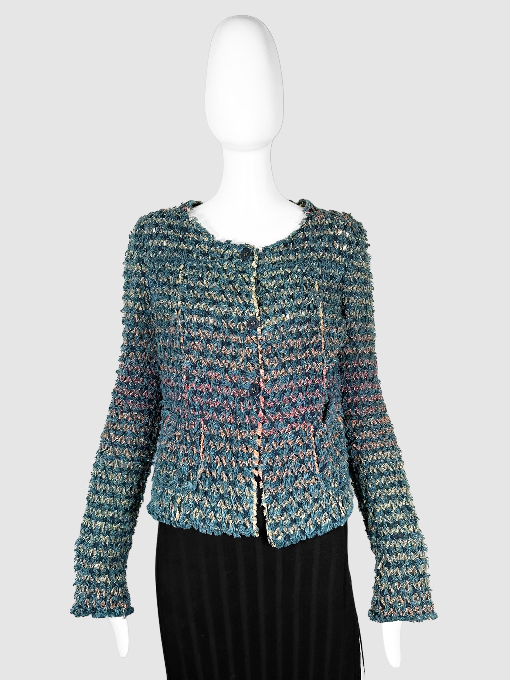 Chanel Blue with Pink, Orange, and Yellow Tweed Button Up Cardigan with Gold-Tone Logo on Buttons Size 40 Consignment Secondhand Designer Luxury Resale Toronto Trendy