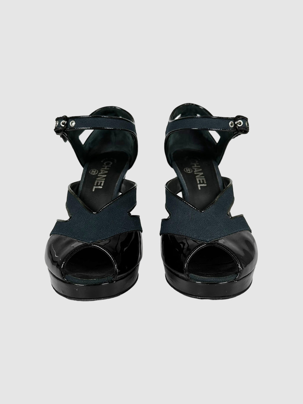 Chanel Black and Navy Blue D'Orsay Platform Open Toe Pumps with Interlocking CC Logo Size 38 Consignment Secondhand Designer Luxury Resale Toronto Trendy