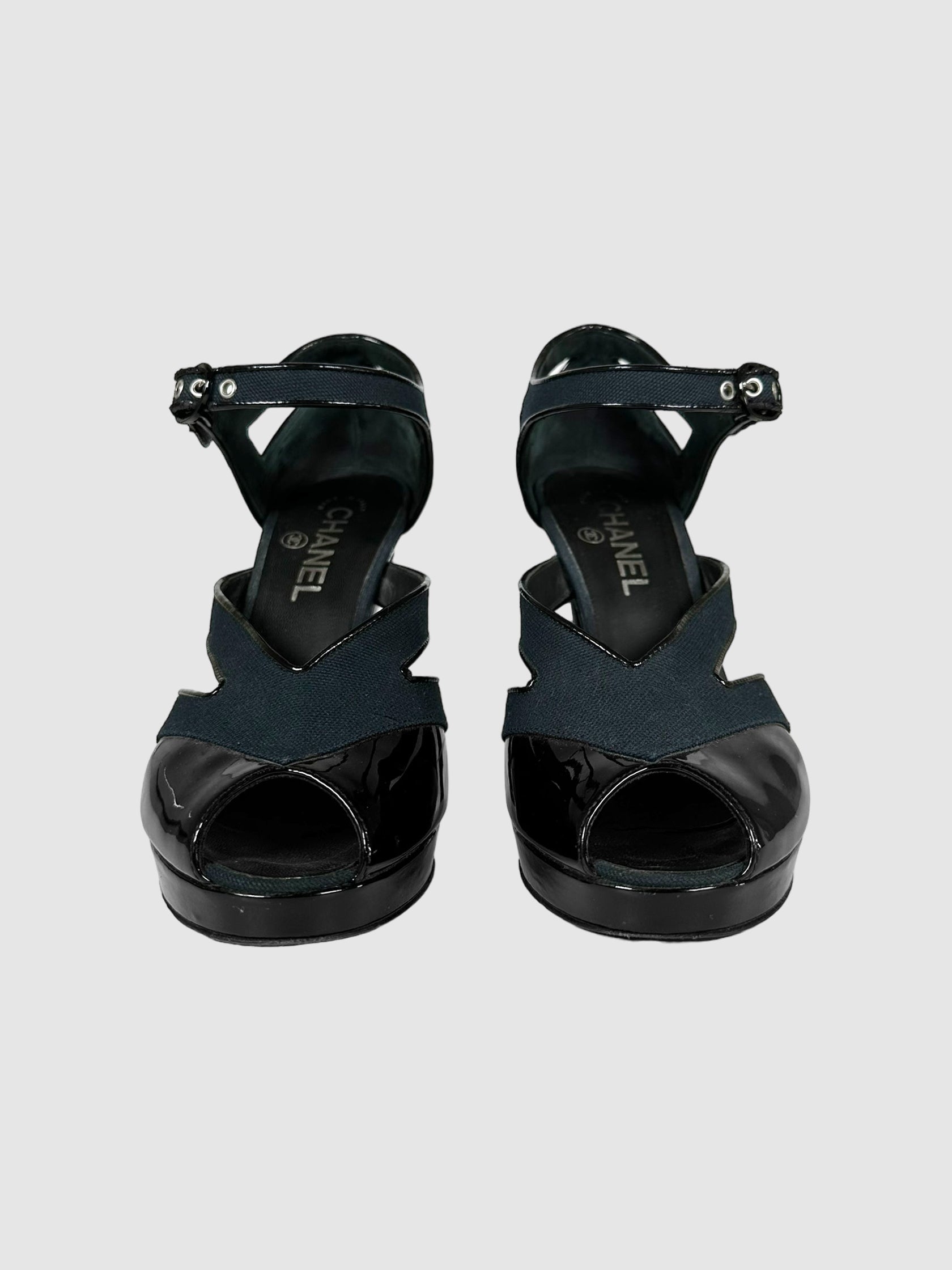 Chanel Black and Navy Blue D'Orsay Platform Open Toe Pumps with Interlocking CC Logo Size 38 Consignment Secondhand Designer Luxury Resale Toronto Trendy