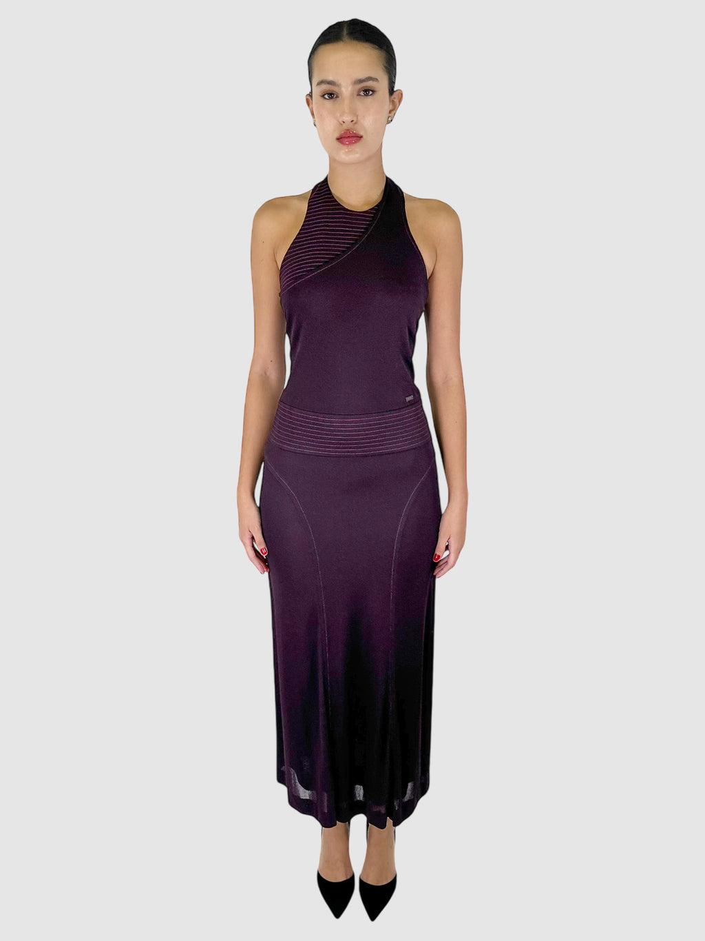 Halter Neck Contrast Stitch Maxi Dress - Size 4