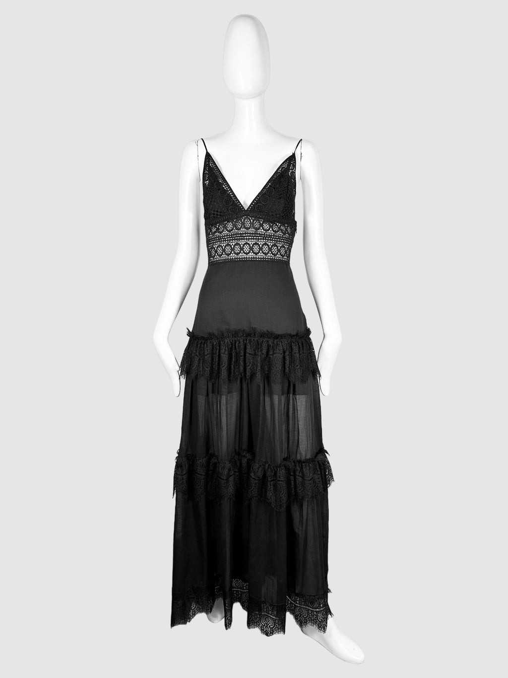Chazo Raiz Black Tiered Lace V-Neck Maxi Dress Size Medium Consignment Secondhand Designer Luxury Resale Toronto Trendy